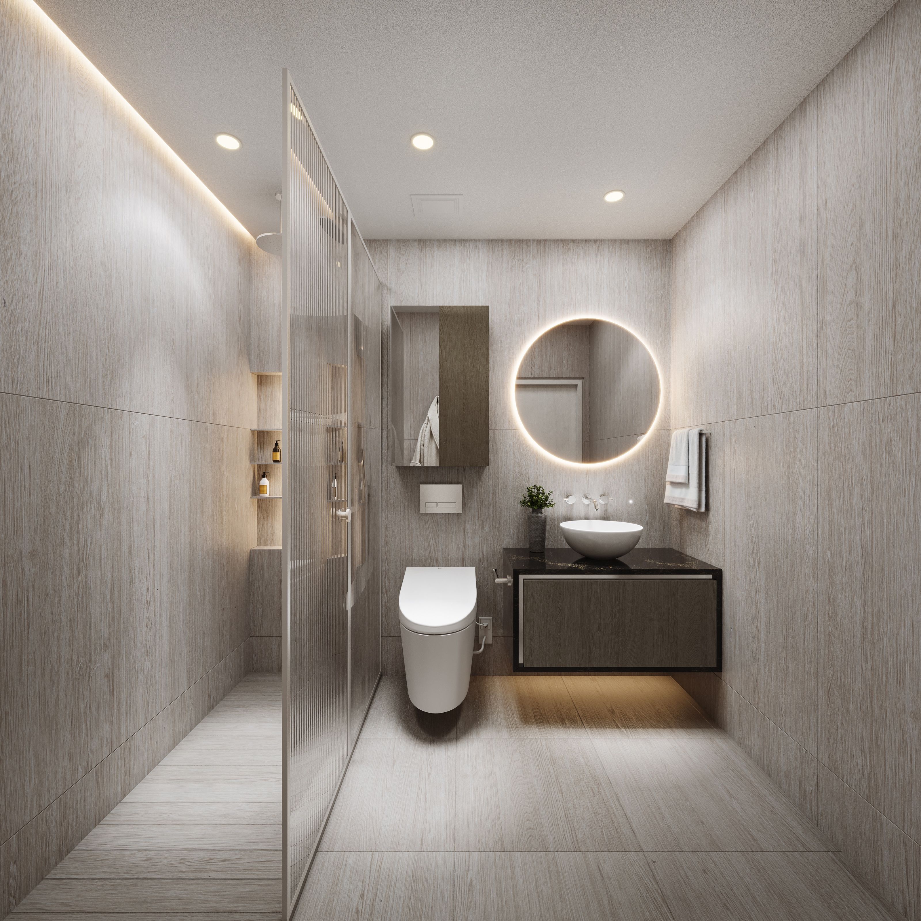 3D interior rendering of a Vivere by Solterra powder room clad in pale oak, with a backlit round mirror, a fluted glass shower screen, a black stone floating vanity, and a vessel sink.