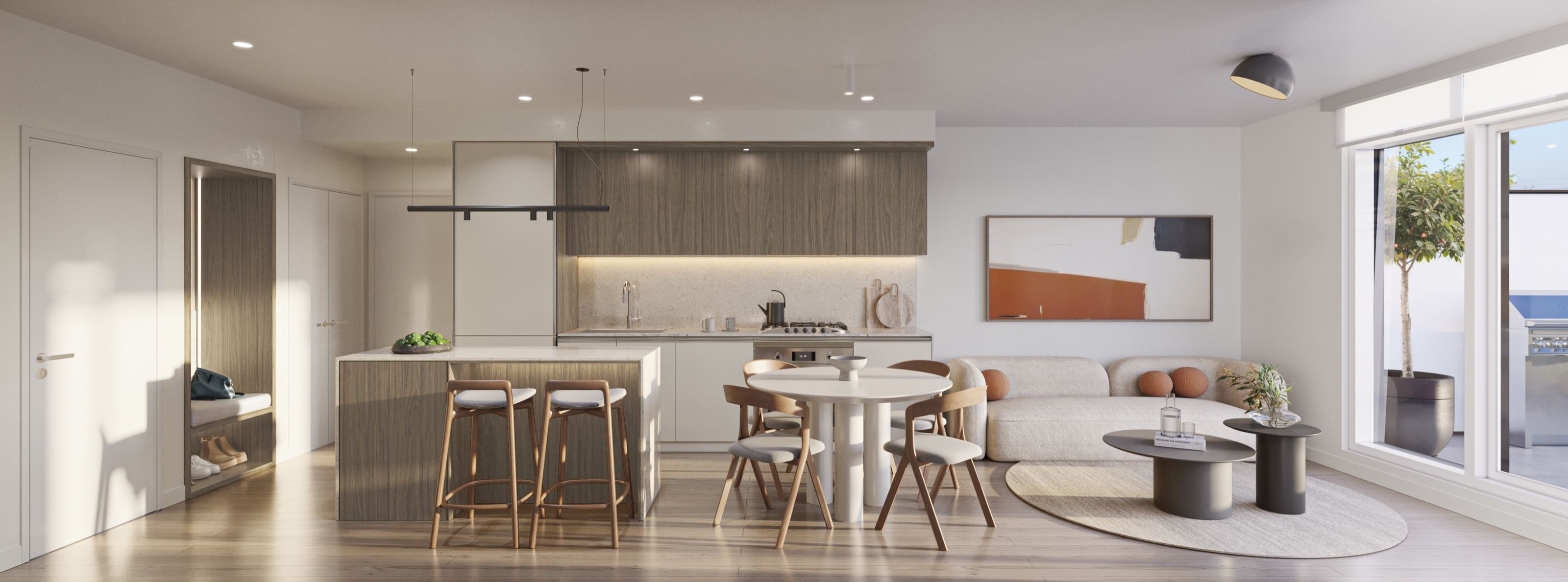 Wide 3D interior rendering of a Vivere by Solterra open-plan living, dining, and kitchen area with a warm wood kitchen and white waterfall island, bar stools, a round dining table, a long cream sofa, and sliding doors opening to a terrace.