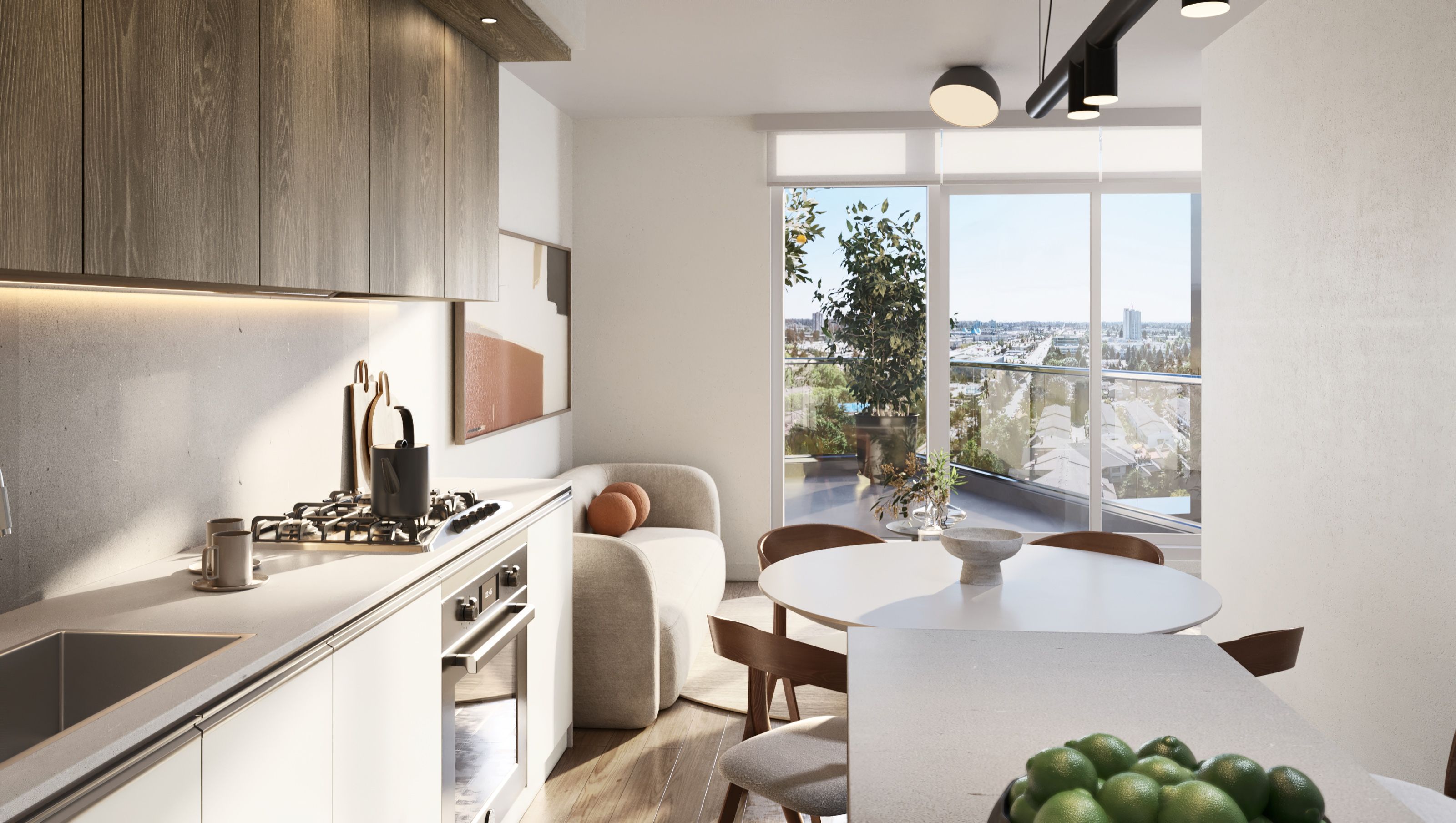 3D interior rendering of a Vivere by Solterra residence with a compact wood-and-white galley kitchen, a round dining table and a curved boucle banquette, and a floor-to-ceiling window framing the Surrey skyline.