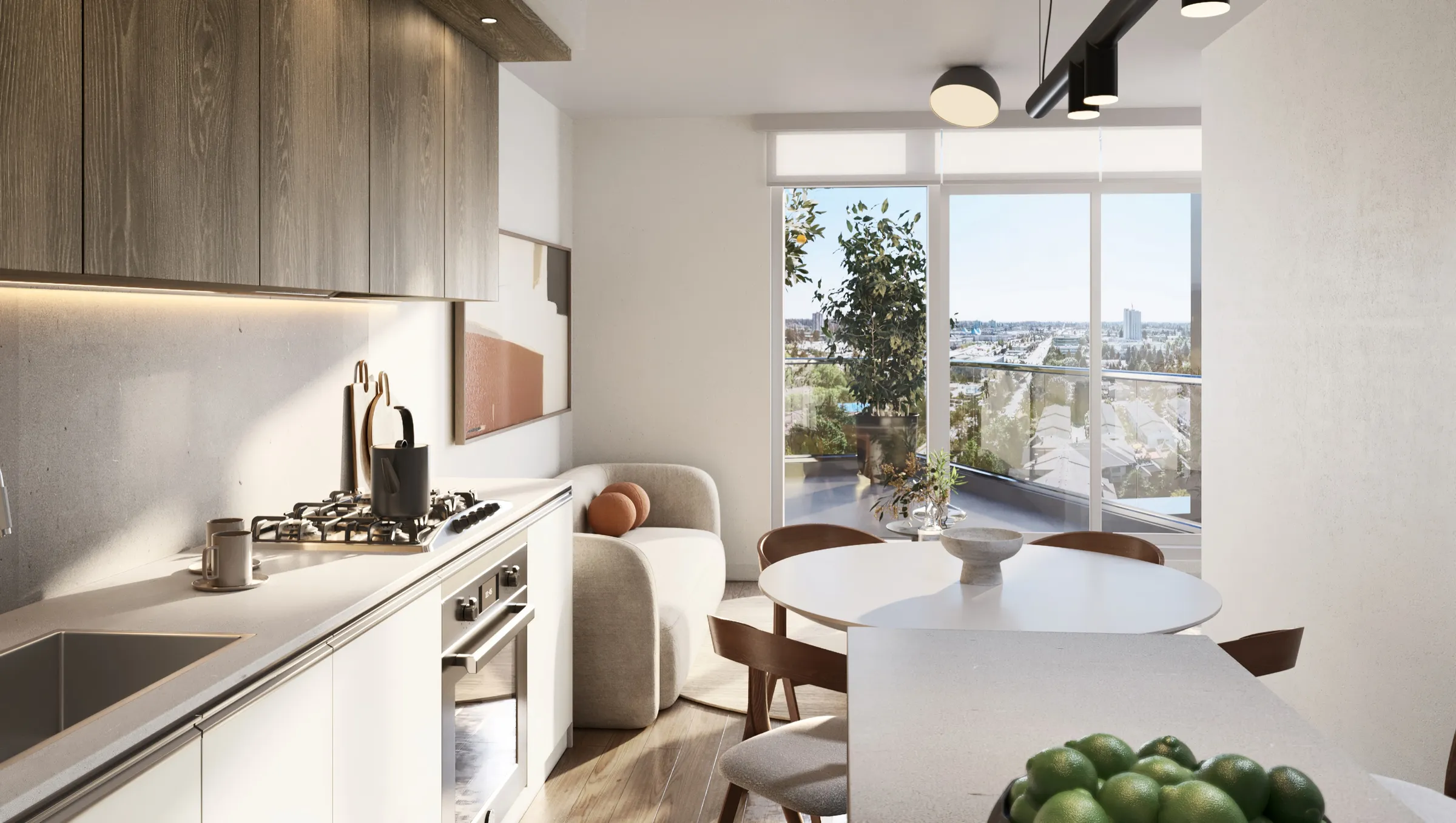 3D interior rendering of a Vivere by Solterra residence with a compact wood-and-white galley kitchen, a round dining table and a curved boucle banquette, and a floor-to-ceiling window framing the Surrey skyline.