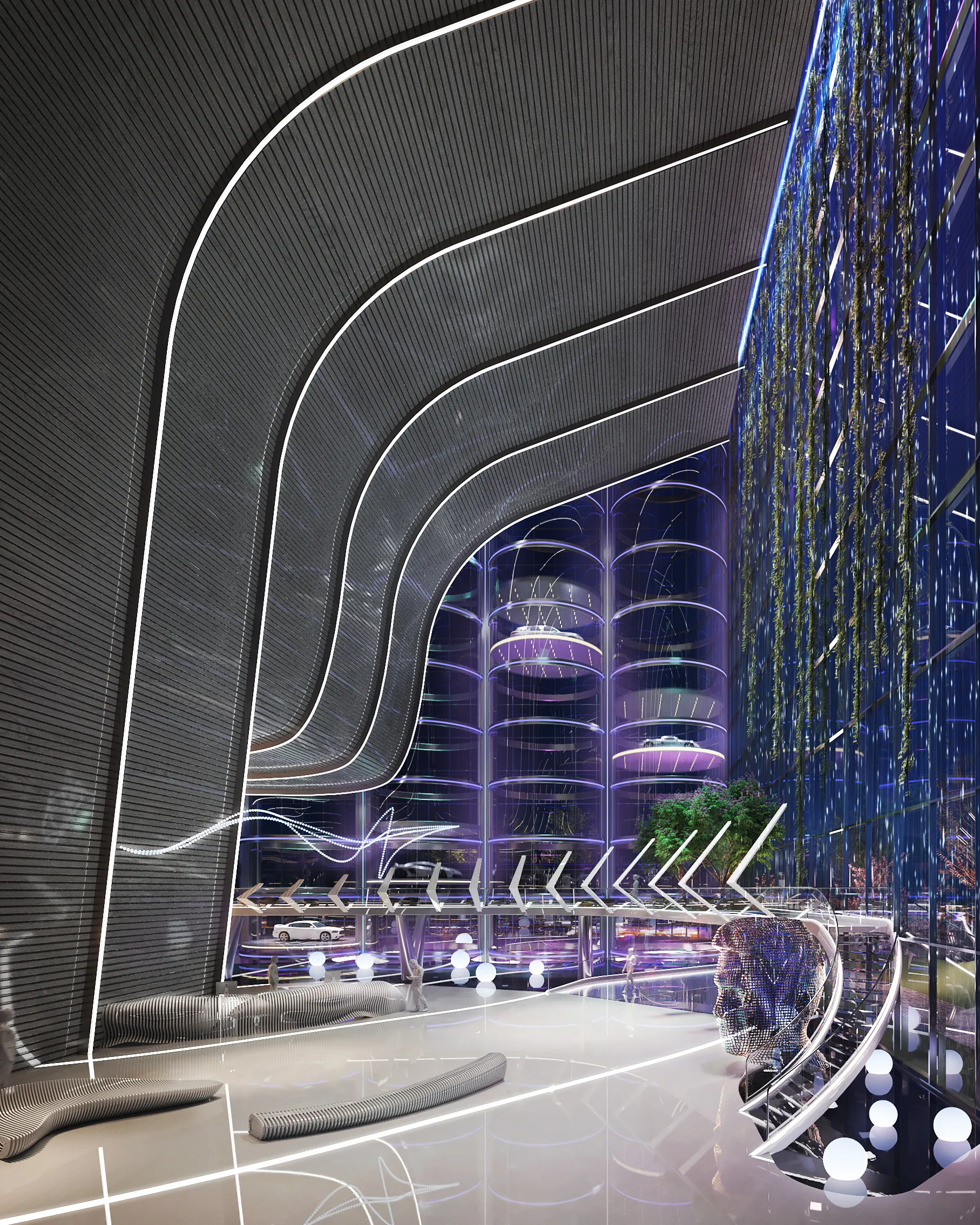 3D interior rendering of the lobby of a proposed West Madison Street tower in Chicago, a dramatic double-height atrium with sweeping ribbed walls, illuminated linear lighting, a cascading water feature, and glass elevators rising through the space.