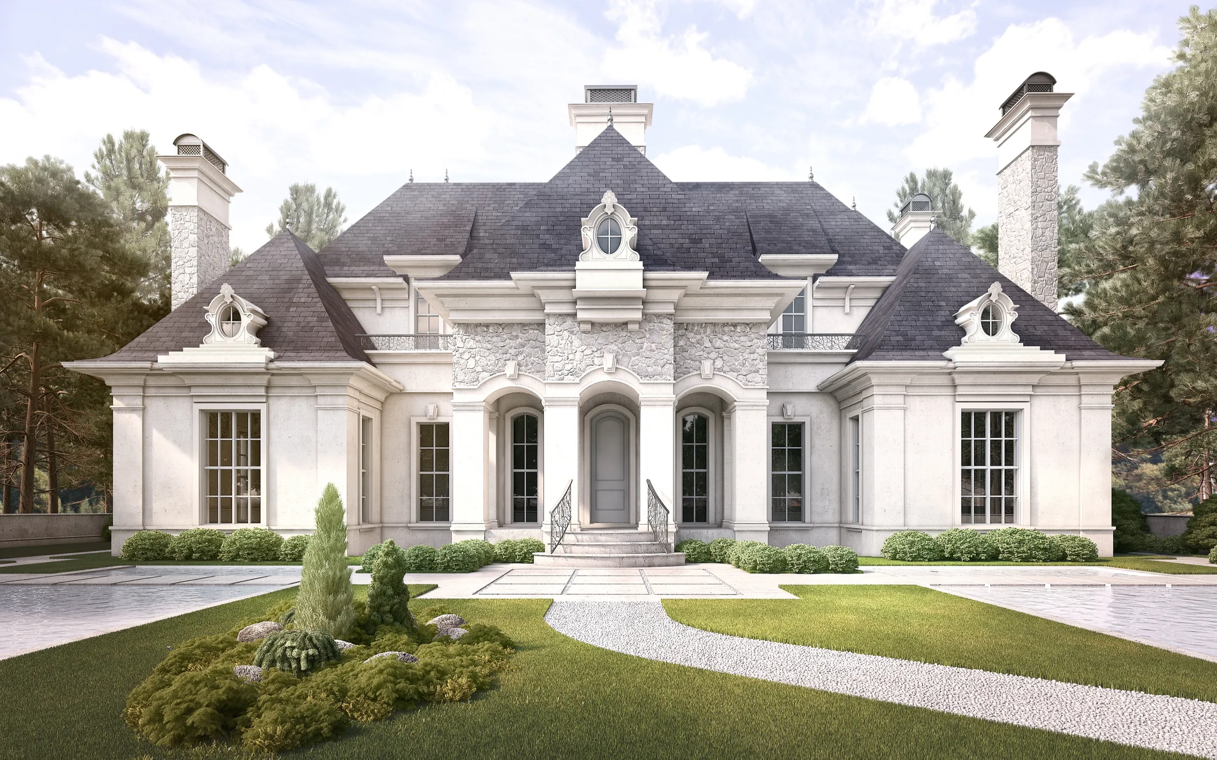 Photorealistic 3D rendering by NoTriangle Studio of a French chateau style house on West 37th Avenue, Vancouver, with white stucco, a rusticated stone centre, arched entry, ornate dormers, a steep slate roof and tall stone chimneys.