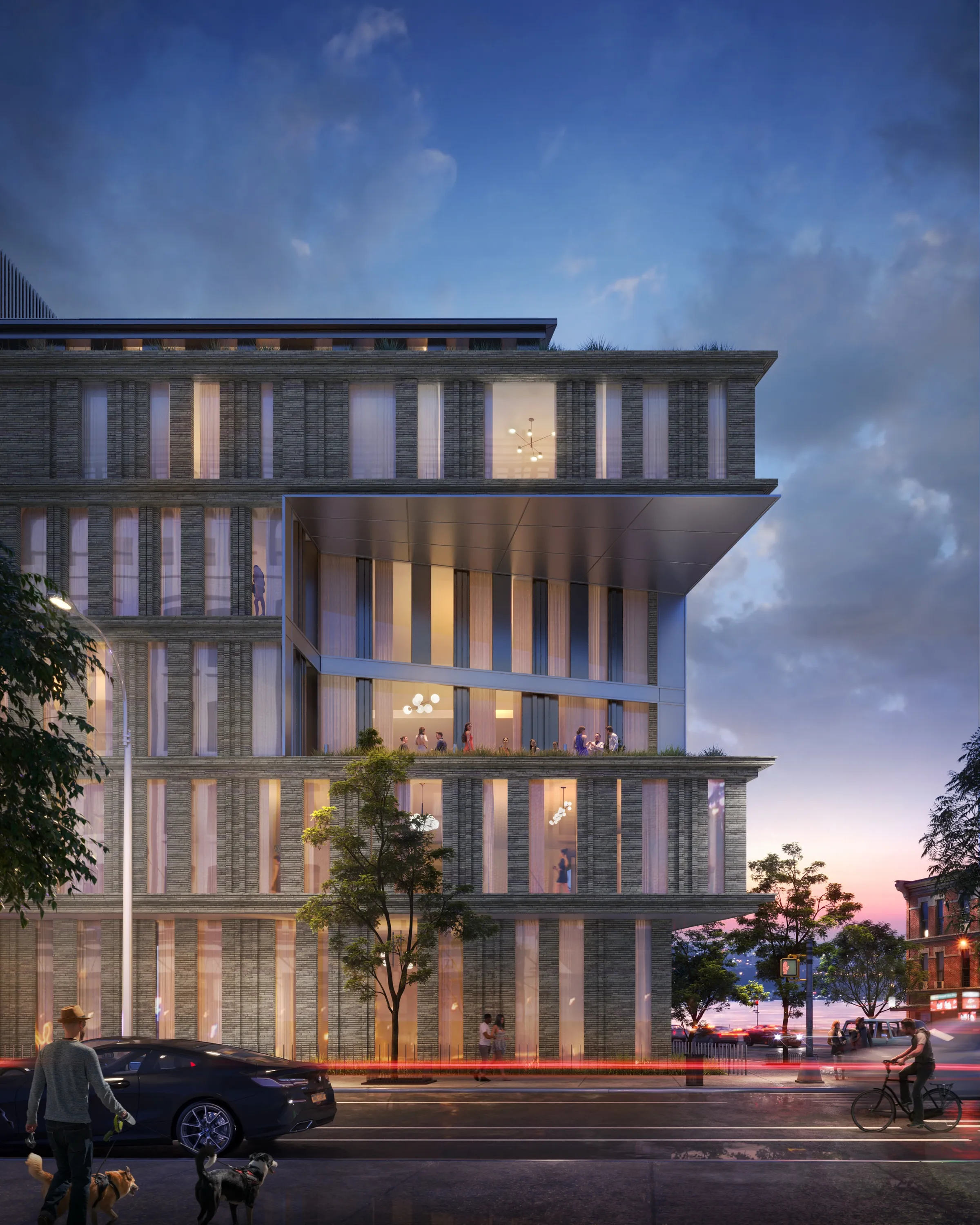 Blue-hour 3D rendering of a new residential building with a fluted facade and stepped terraces on Washington Street in New York