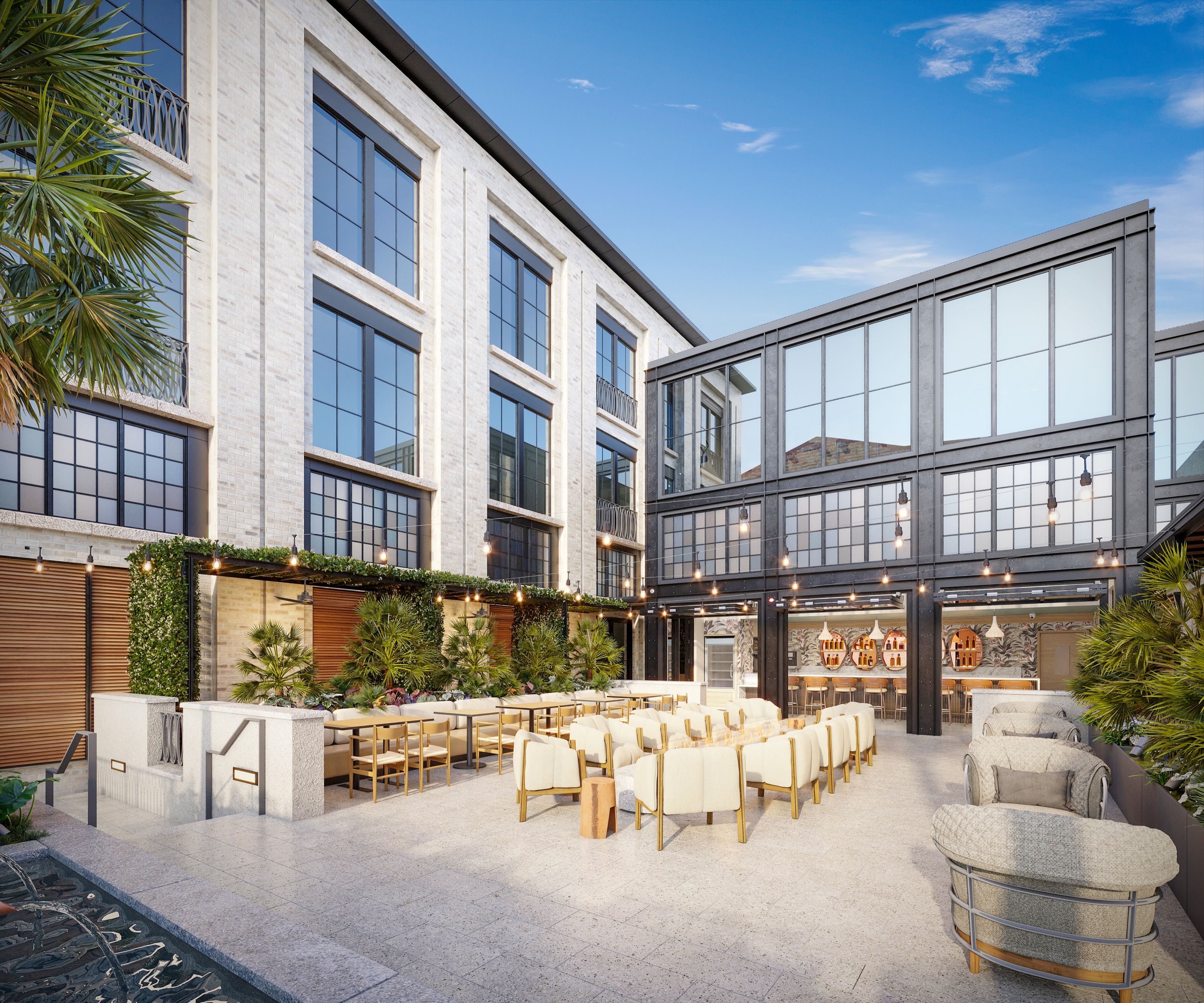 3D rendering of the Westin Vacation Club courtyard in Charleston, with a white stone historic facade, a glass-walled pavilion, string lights, rows of event seating, and a reflecting pool.