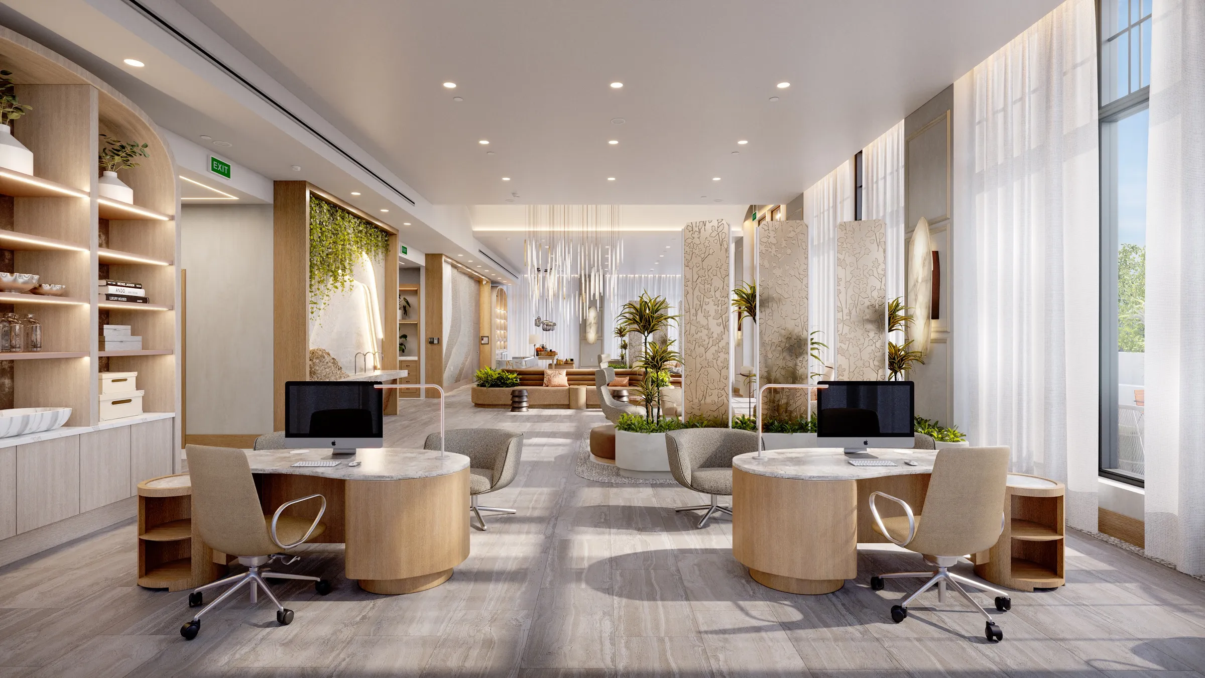 3D interior rendering of the Westin Vacation Club co-working lounge in Charleston, with round timber workstations and swivel chairs, a living wall, sheer drapery, and built-in shelving.