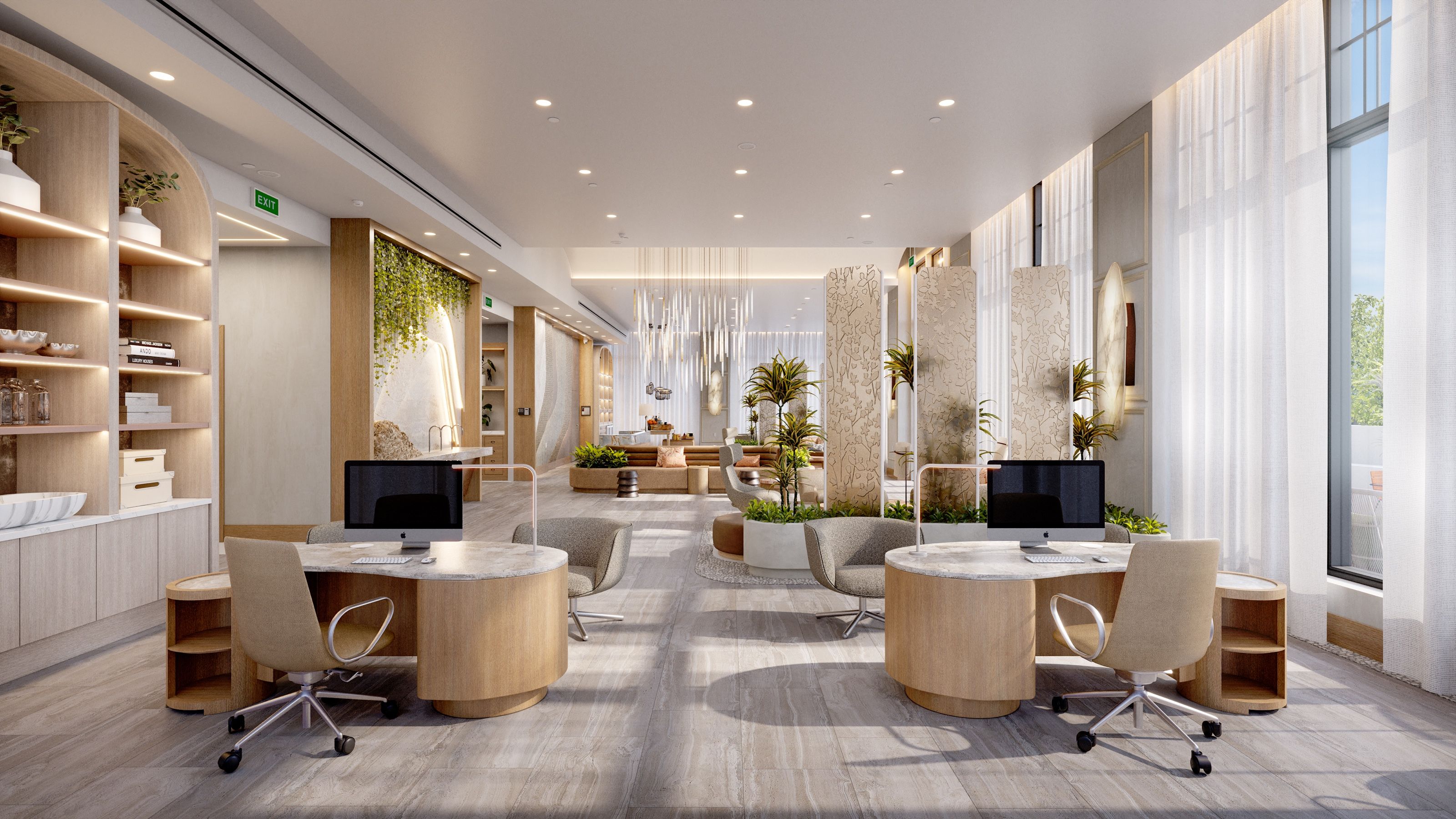 3D interior rendering of the Westin Vacation Club co-working lounge in Charleston, with round timber workstations and swivel chairs, a living wall, sheer drapery, and built-in shelving.