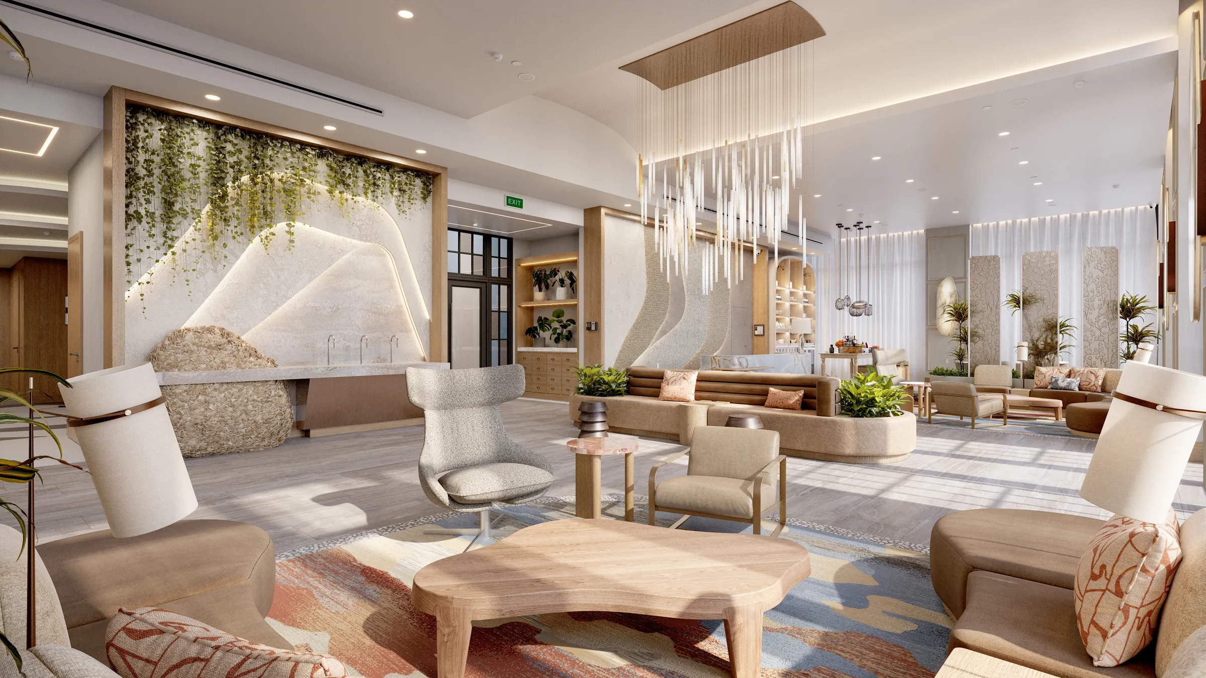 3D interior rendering of a hotel lobby lounge with a living wall of trailing greenery, a sculptural stone reception, a cascading rod chandelier, and boucle wingback chairs over light timber floors