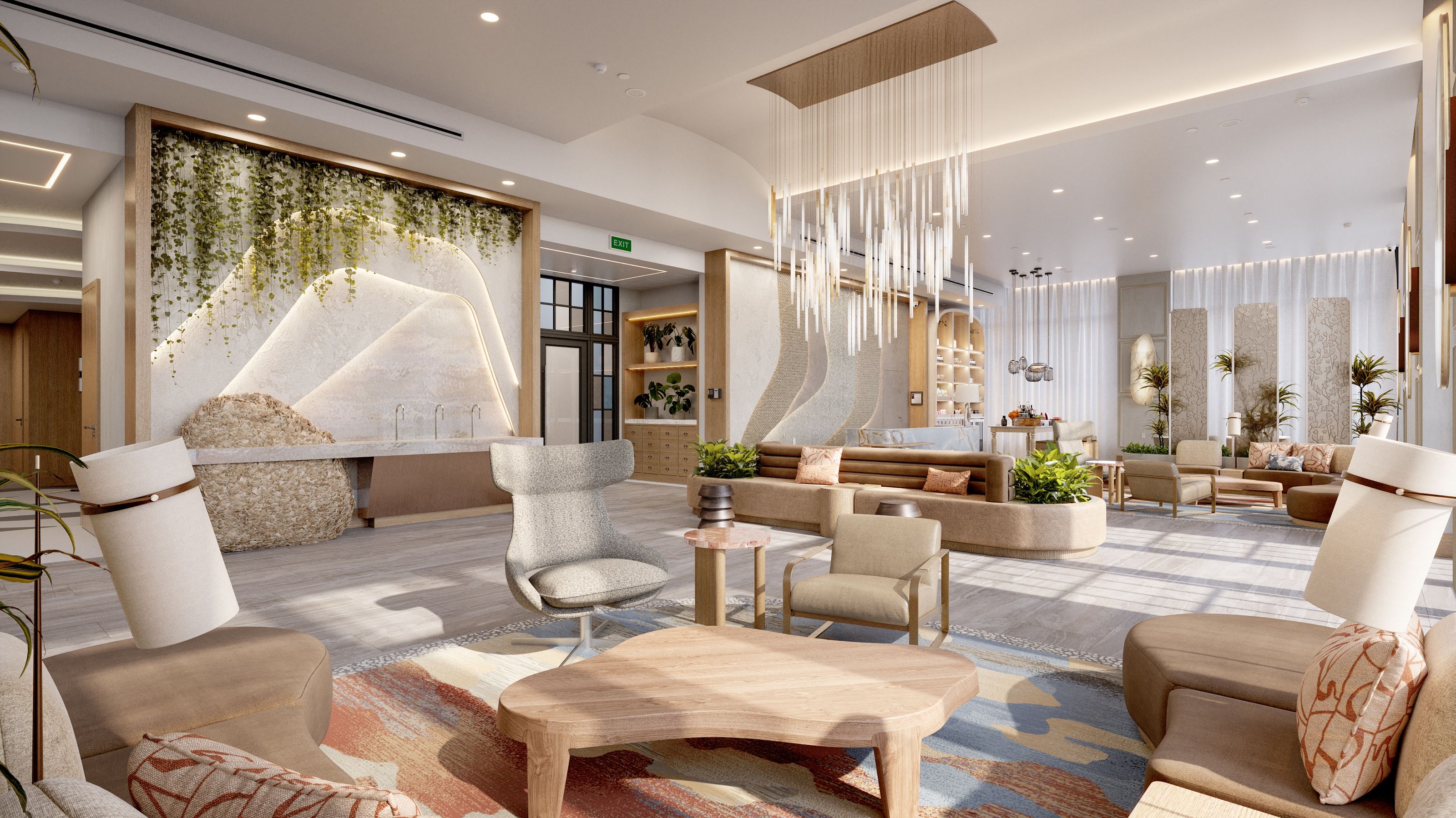 3D interior rendering of the Westin Vacation Club lobby lounge in Charleston, with a living wall of trailing greenery, a sculptural stone reception, a cascading rod chandelier, boucle wingback chairs, and a patterned rug.