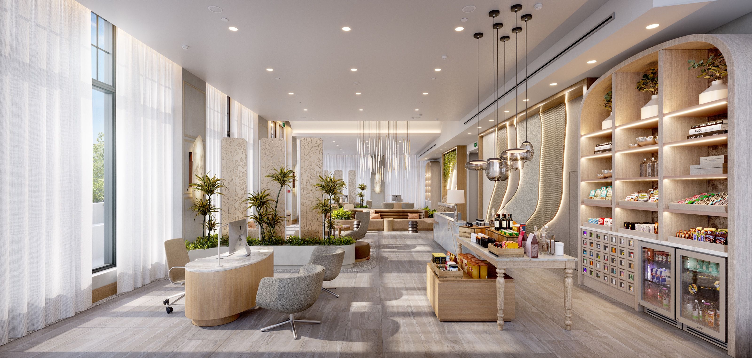 3D interior rendering of a bright modern residential lobby with lounge seating, sheer-curtained windows, and pendant lighting