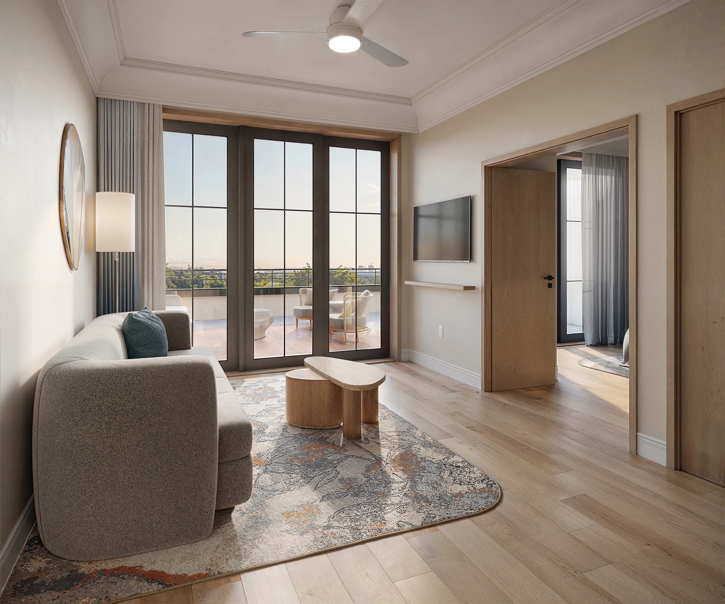 3D interior rendering of a Westin Vacation Club one-bedroom suite living room in Charleston, with a curved boucle sofa, a sculptural timber coffee table, a wall-mounted television, and French doors to a balcony with a city view.