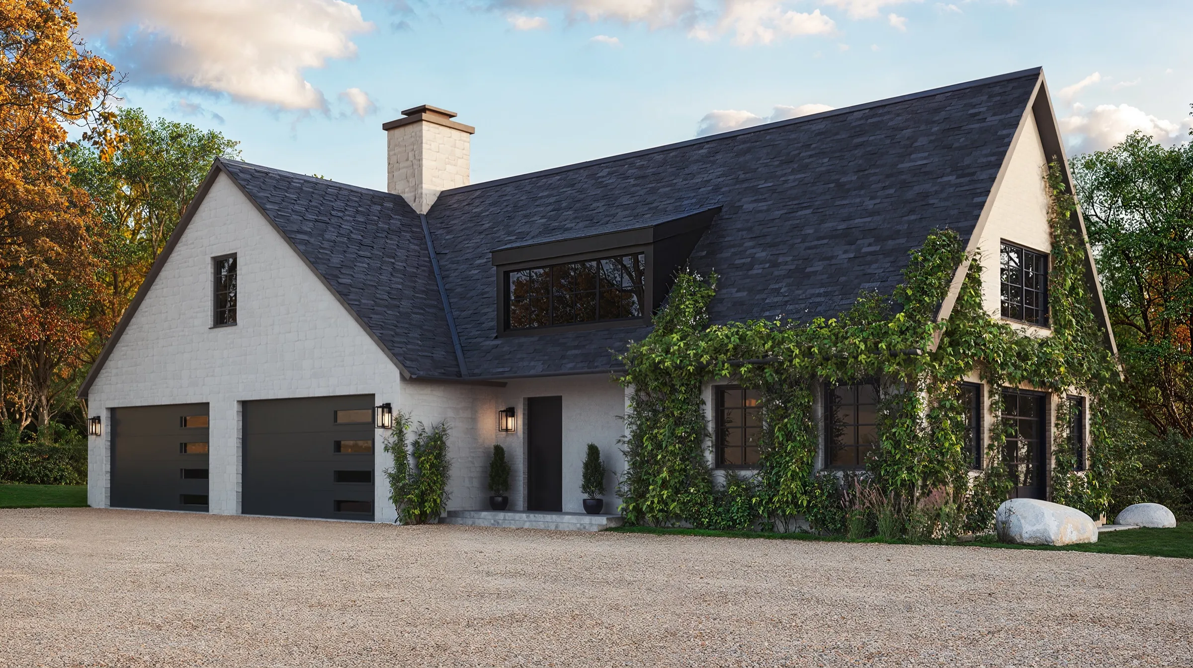 Exterior 3D rendering of a white-brick gabled cottage with a steep slate roof, climbing ivy and two dark garage doors on a gravel court