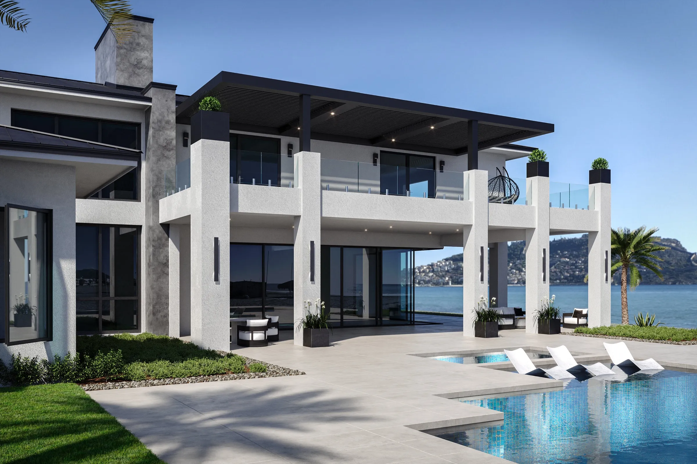 Exterior 3D rendering of a white coastal home with deep balconies and black-framed glass, above a pool terrace and a bay