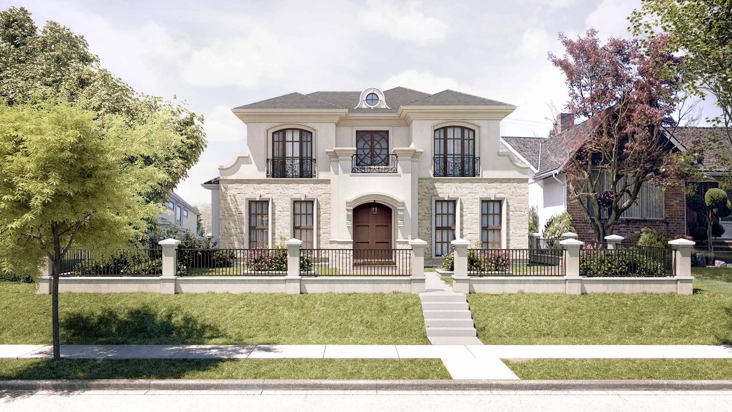 Photorealistic 3D rendering by NoTriangle Studio of 6117 Willow Street, Oakridge, Vancouver, a symmetrical two-storey home in cream stucco and stone with arched windows, iron Juliet balconies and a fenced front garden above the sidewalk.
