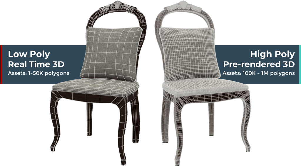 low poly and high poly side by side of a chair