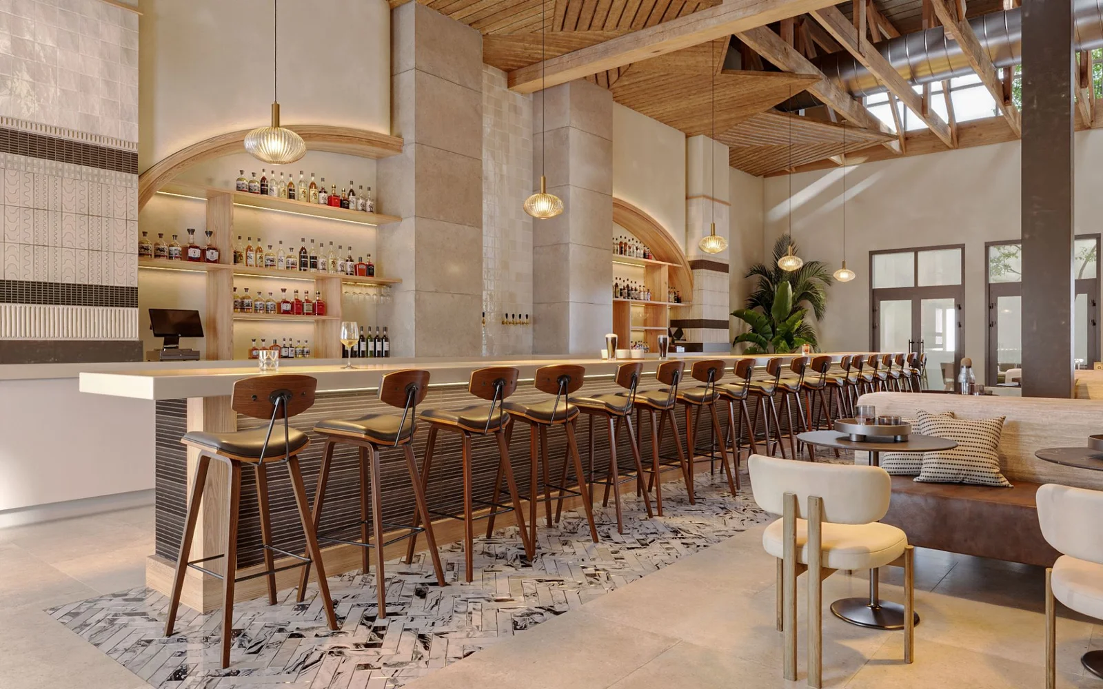 3D interior rendering of the American Bites restaurant bar in San Francisco, a long stone-topped bar with woven leather-backed stools beneath arched, backlit liquor shelving, exposed timber roof trusses, and banquette seating to the side.