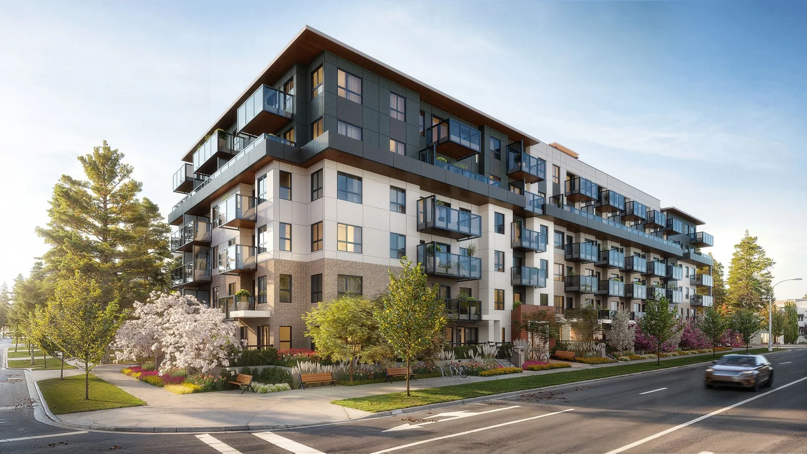 3D exterior rendering of Muse, a six-story residential building in Guildford, Surrey, BC, with white and dark cladding, glass balconies, and landscaped frontage on a tree-lined street.