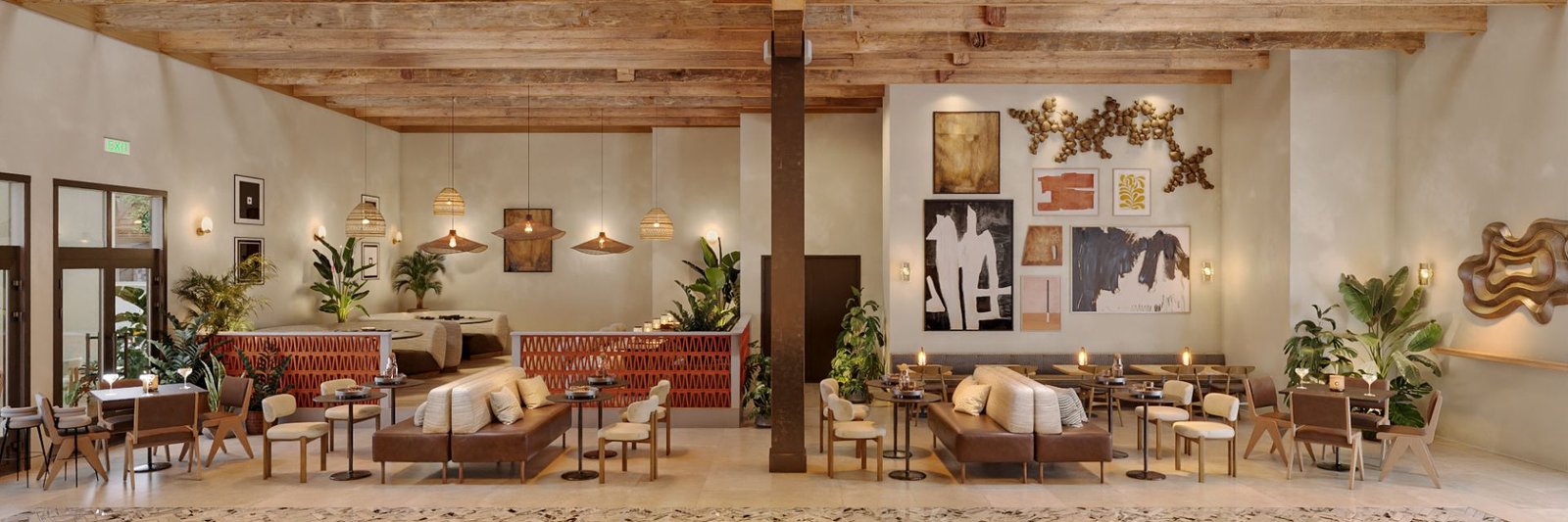 Wide 3D rendering of the American Bites main dining room in San Francisco, with leather banquettes, woven pendant lamps, a curated gallery wall, terracotta booth dividers, and an exposed timber ceiling.
