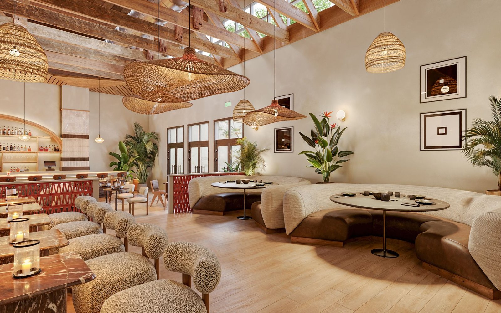 3D rendering of the American Bites dining area in San Francisco, with curved boucle banquettes, round marble tables, rattan pendant lights, and a vaulted, skylit timber roof.