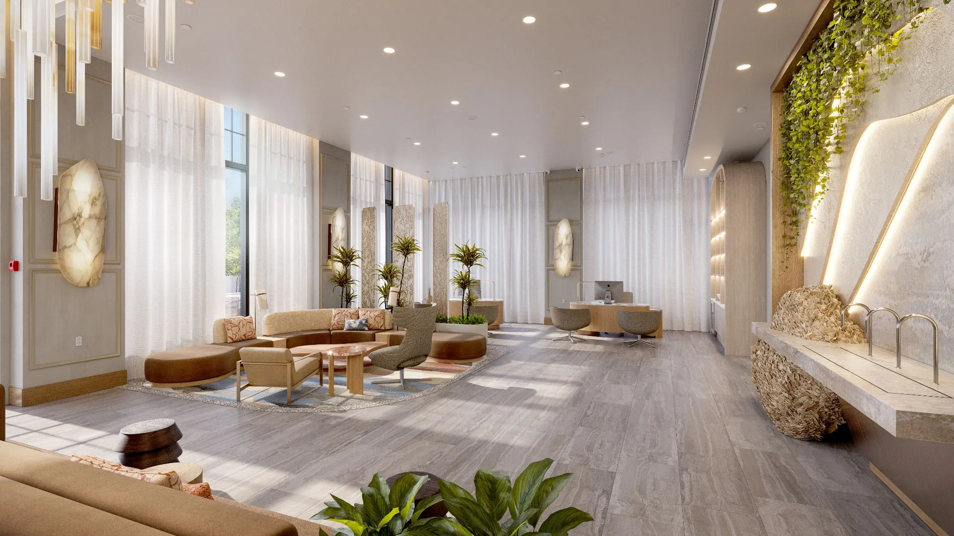 3D interior rendering of a Westin Vacation Club lobby in Charleston, with floor-to-ceiling sheer drapery, travertine walls, agate wall art, a living wall, and light timber floors.