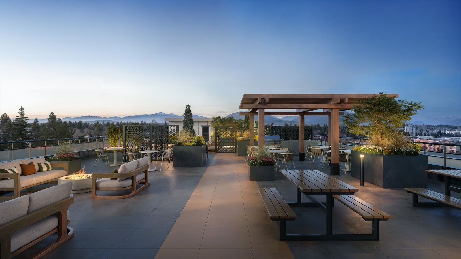 3D rendering of the Muse rooftop amenity terrace at dusk, with a timber pergola, communal dining benches, lounge seating, planters, and a distant mountain view.