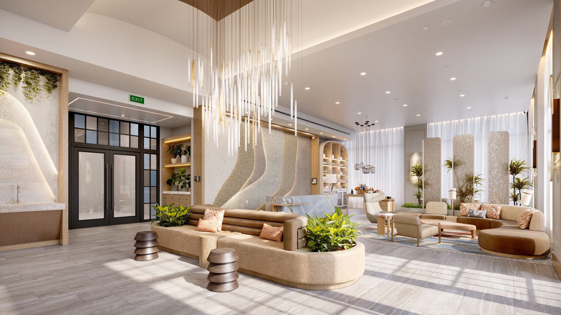 3D interior rendering of the grand lobby at the Westin Vacation Club in Charleston, with a cascading rod chandelier, a curved boucle sofa around a planter, a stone feature wall, a living wall, and double-height sheer drapery.