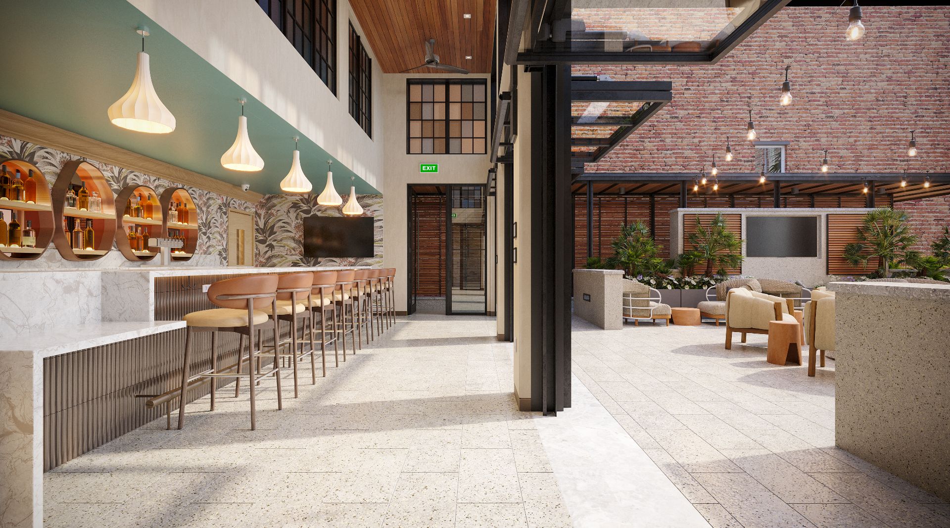 3D interior rendering of the Westin Vacation Club bar in Charleston, with a long marble bar, rattan pendant lights, a green feature wall, leather stools, and an opening to a brick-walled covered terrace.