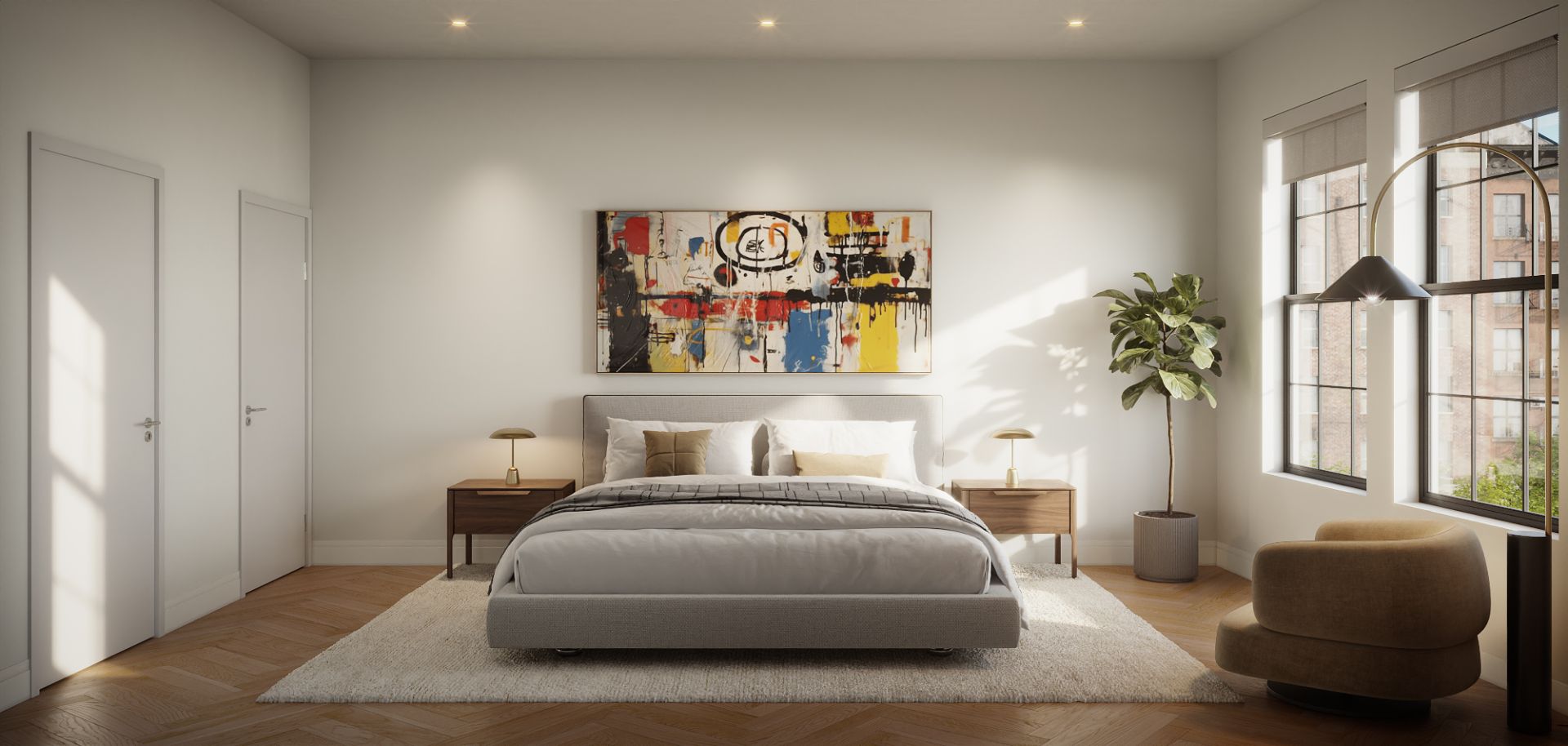 3D interior rendering of the primary bedroom at The Willow in Manhattan, with a grey upholstered bed, a large abstract canvas above the headboard, twin nightstands with brass lamps, a fiddle-leaf plant, and tall windows with city views.