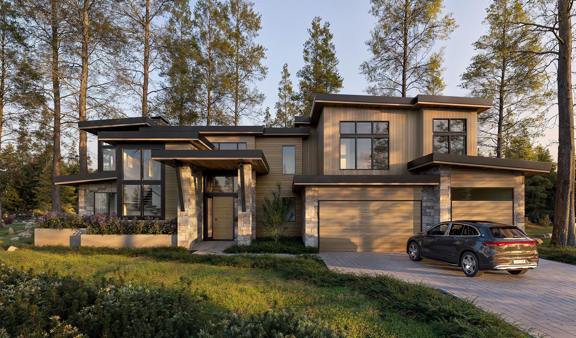 3D exterior rendering of the two-story mountain-modern home at 122 Pine Cone Road, Incline Village, Nevada, at golden hour, with warm wood and stone volumes among tall pines on the Nevada side of Lake Tahoe.