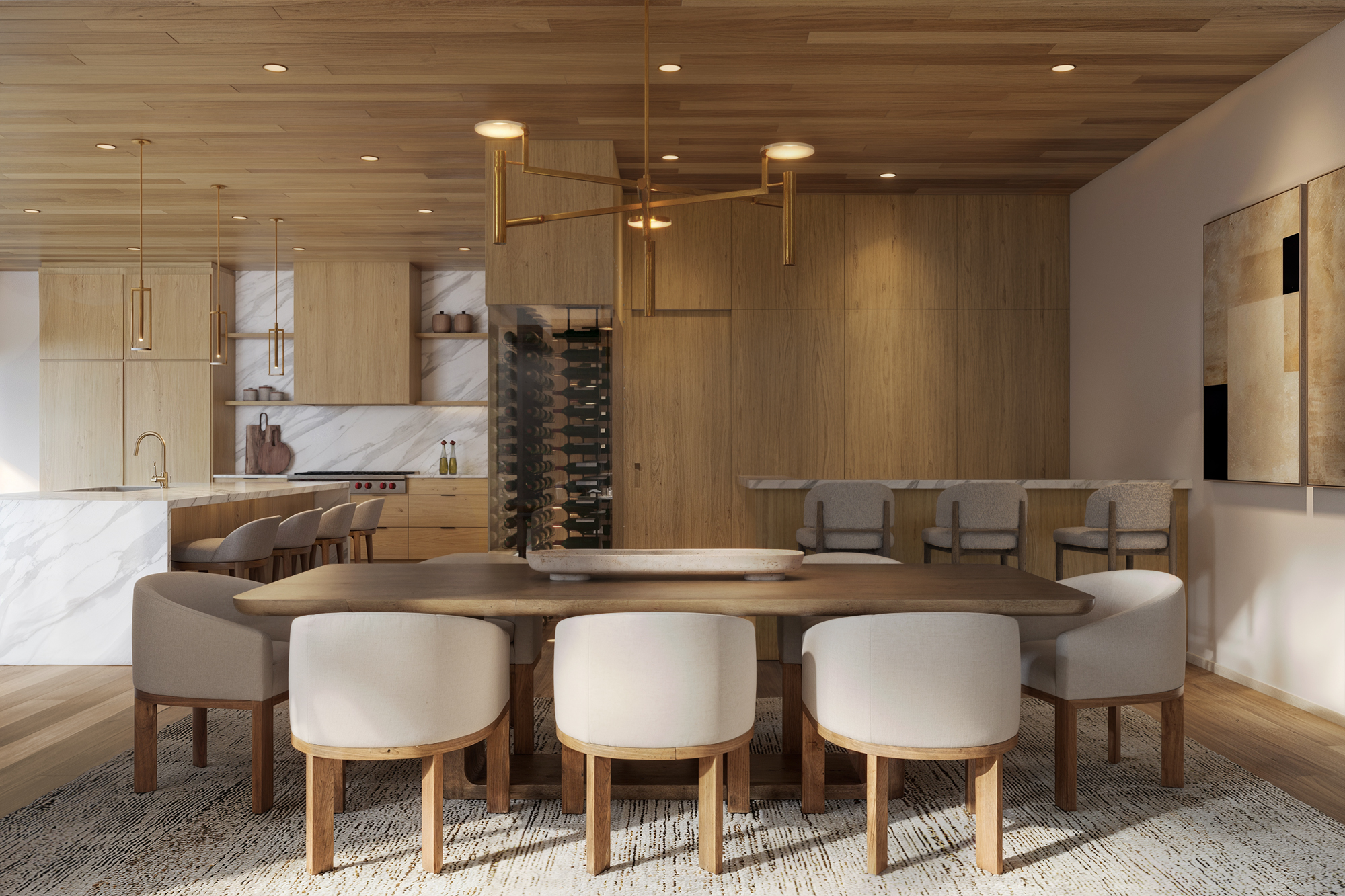 3D interior rendering of the Pine Cone Road open kitchen and dining area, with flush-panel rift oak cabinetry, white marble-look counters and backsplash, a brass chandelier over a wood dining table with upholstered chairs, a glass-fronted wine display, and a long bar