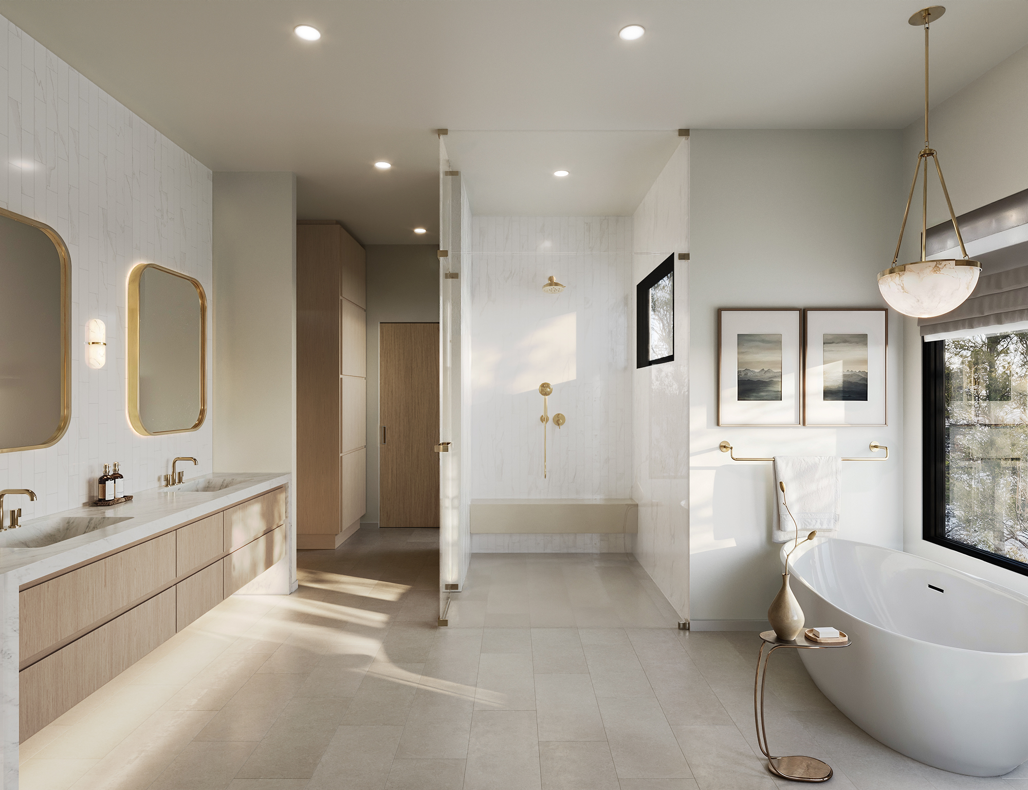 3D interior rendering of the Pine Cone Road primary bathroom, with a marble-topped rift oak double vanity, brass fixtures and mirrors, a freestanding soaking tub by the window, and a glass-walled walk-in shower with a marble bench