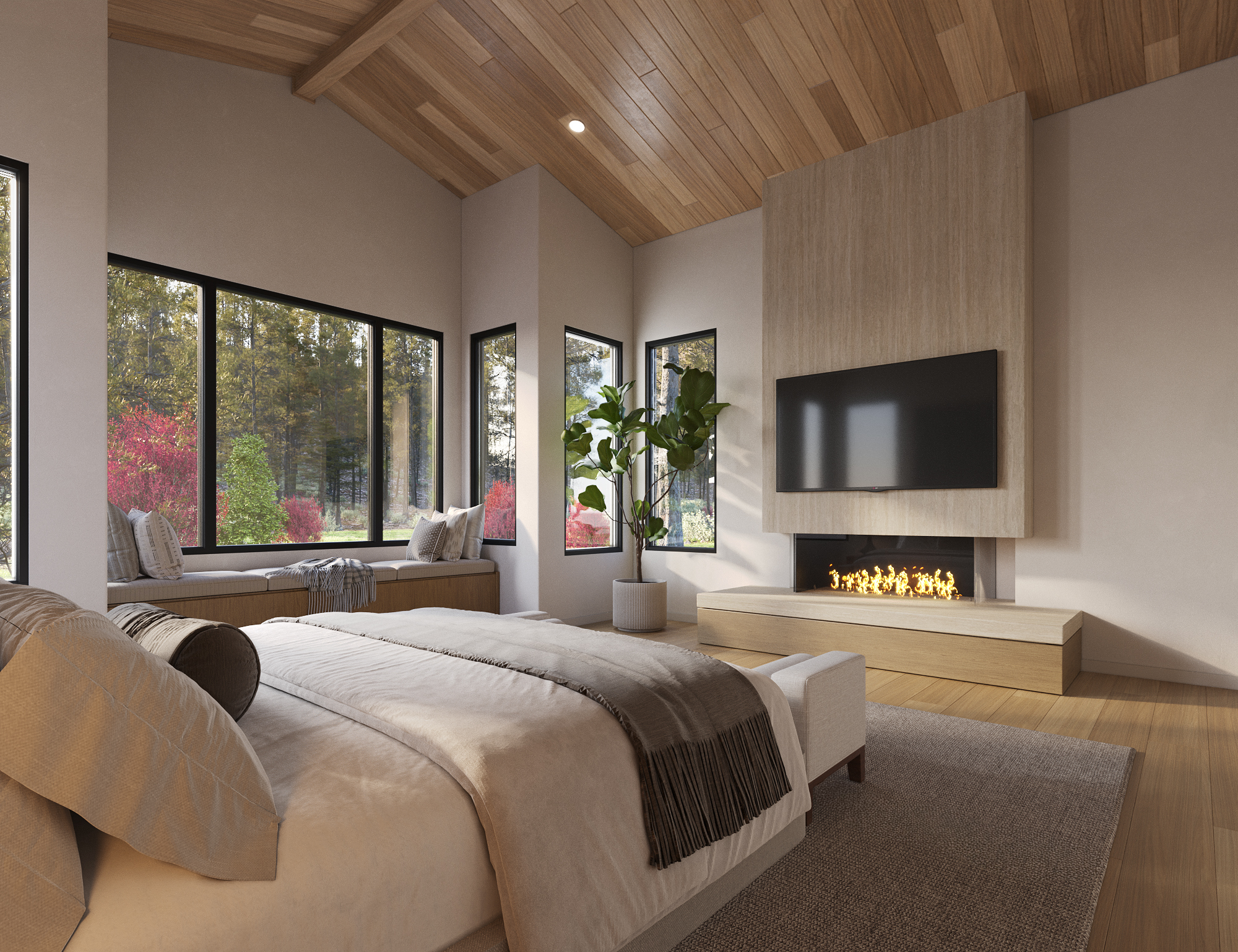3D interior rendering of the Pine Cone Road primary bedroom, with a wood-slat vaulted ceiling, a linear gas fireplace below a wall-mounted television, a window-seat bench under corner windows framing the autumn forest, and a low platform bed