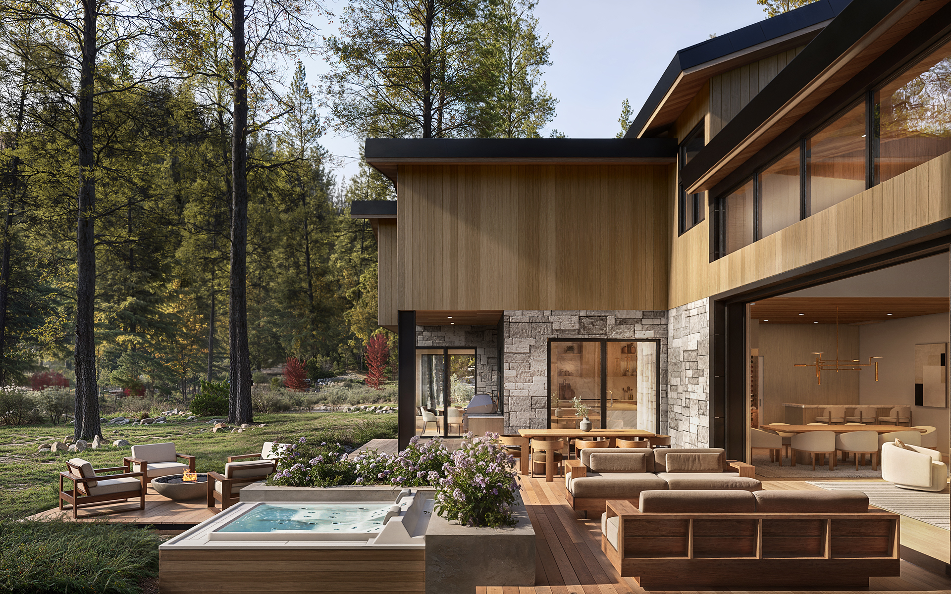 3D rendering of the Pine Cone Road rear terrace, with a built-in hot tub, lounge chairs, and a covered outdoor seating and dining area beside the wood-clad and stone facade, opening to a lawn and pine forest