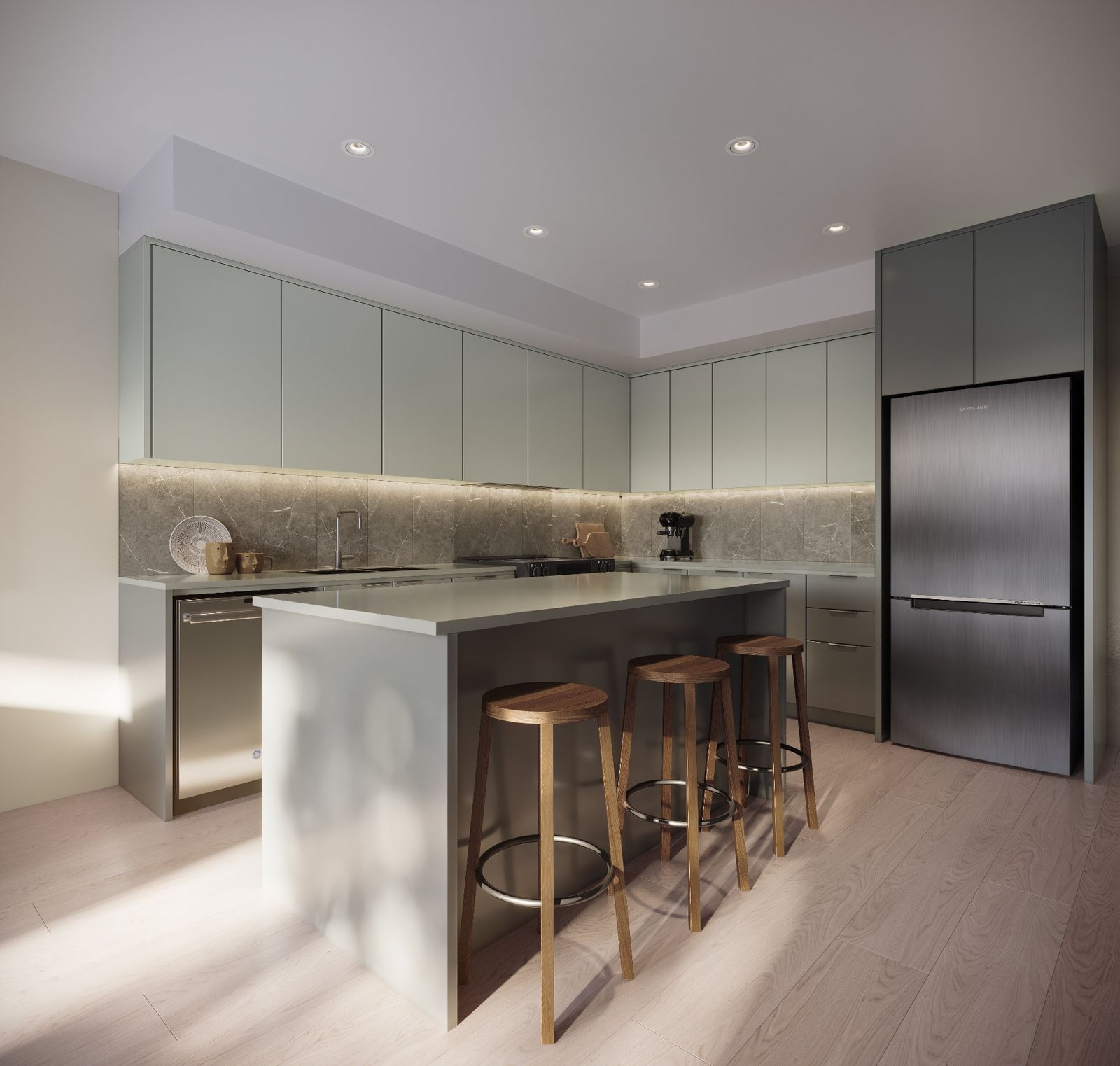 3D interior rendering of a Muse kitchen in Scheme B, with sage-green cabinetry, a stone backsplash, a waterfall island with timber stools, and a black refrigerator.