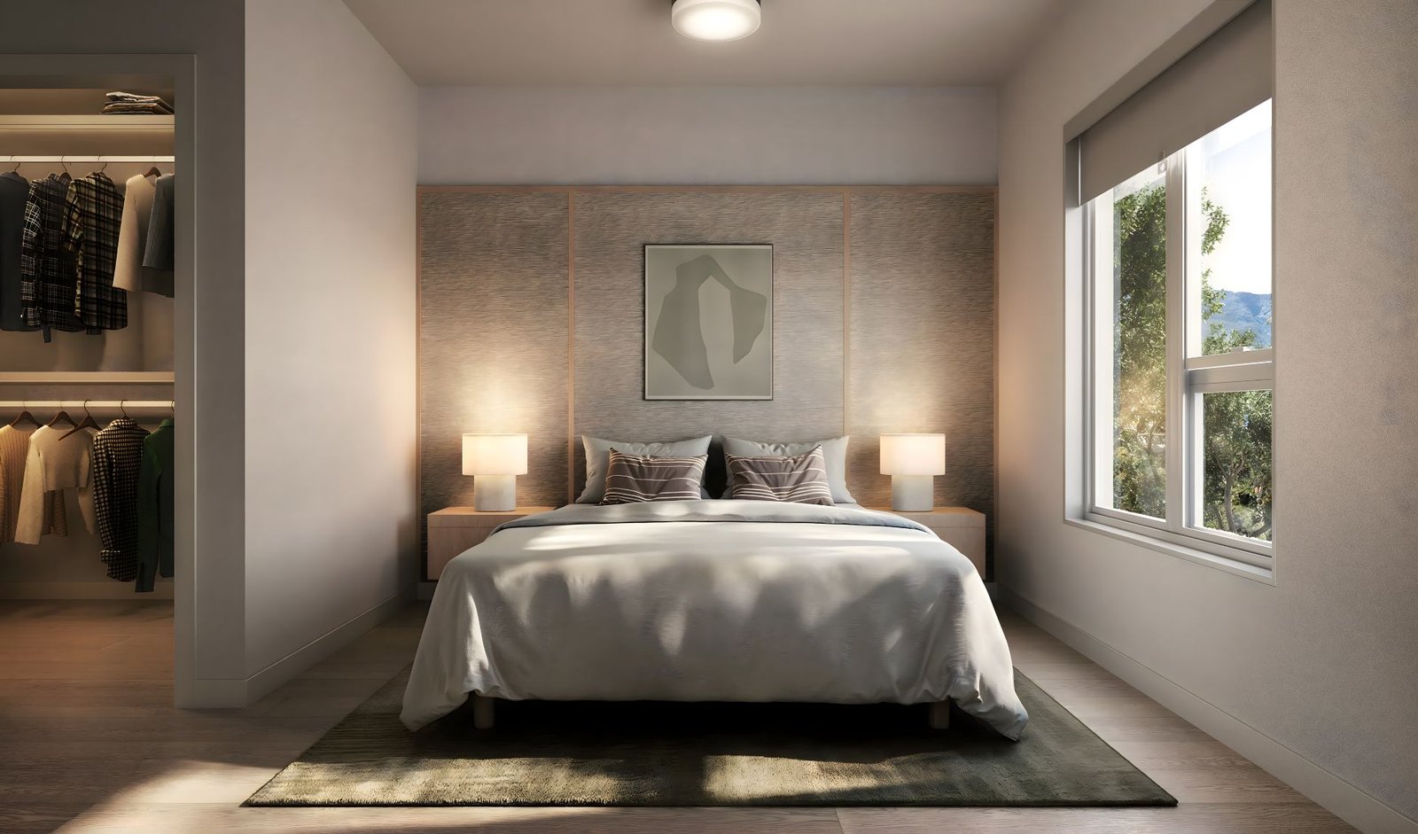 3D interior rendering of a Muse primary bedroom, with a grass-cloth panelled headboard wall, twin bedside lamps, a walk-in closet, and a window onto greenery.