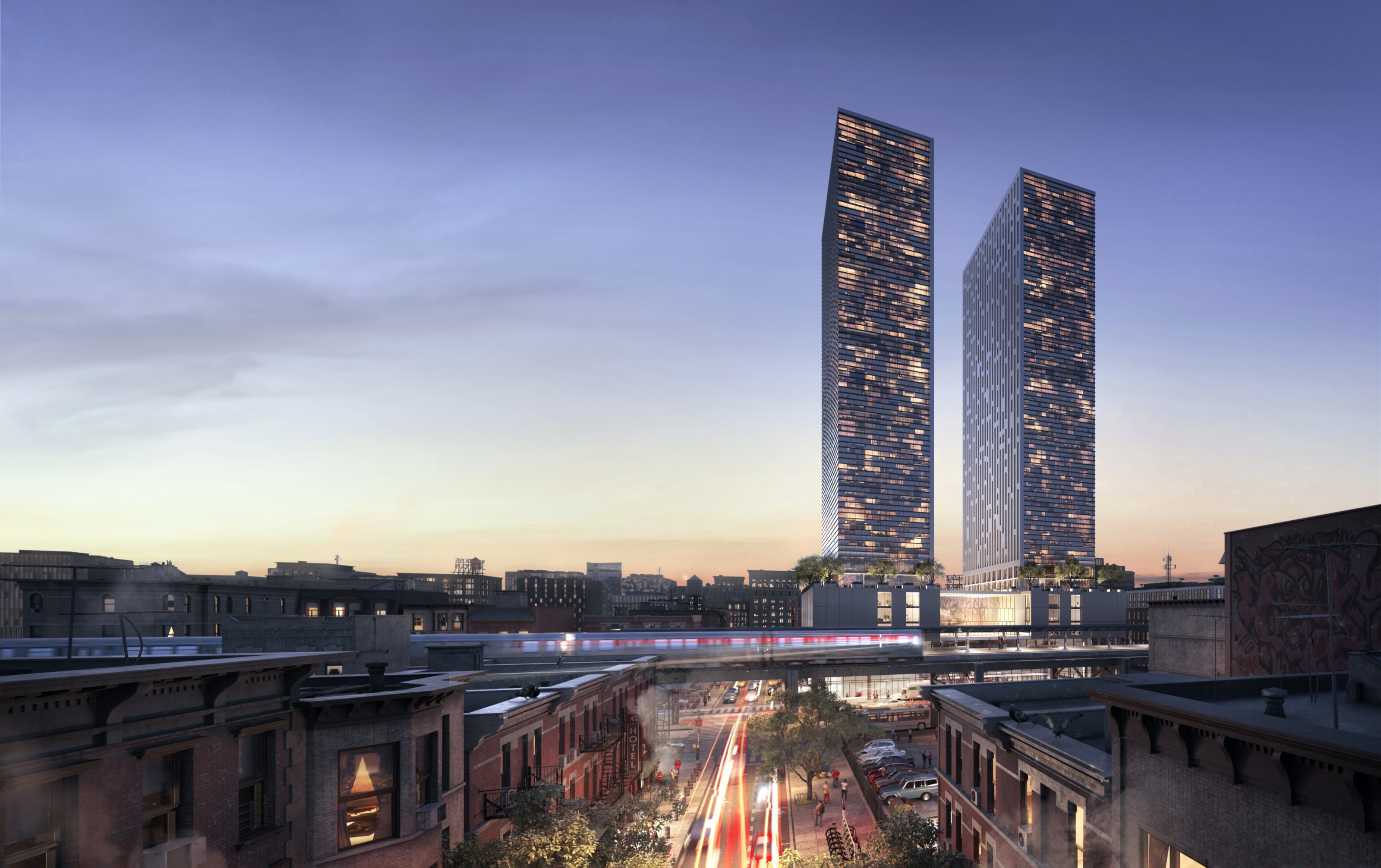 Dusk 3D rendering of a concept for two faceted residential towers rising above the East Harlem rooflines at 1800 Park Avenue, with the elevated Park Avenue train lit below.