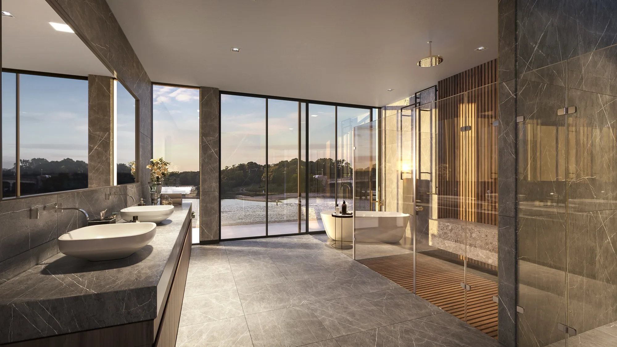 Interior 3D rendering of the main bathroom of Residence C at 2 West Water Street, with grey stone walls and floor, twin vessel basins, a freestanding tub and a glass shower with a timber floor, facing the water at dusk.