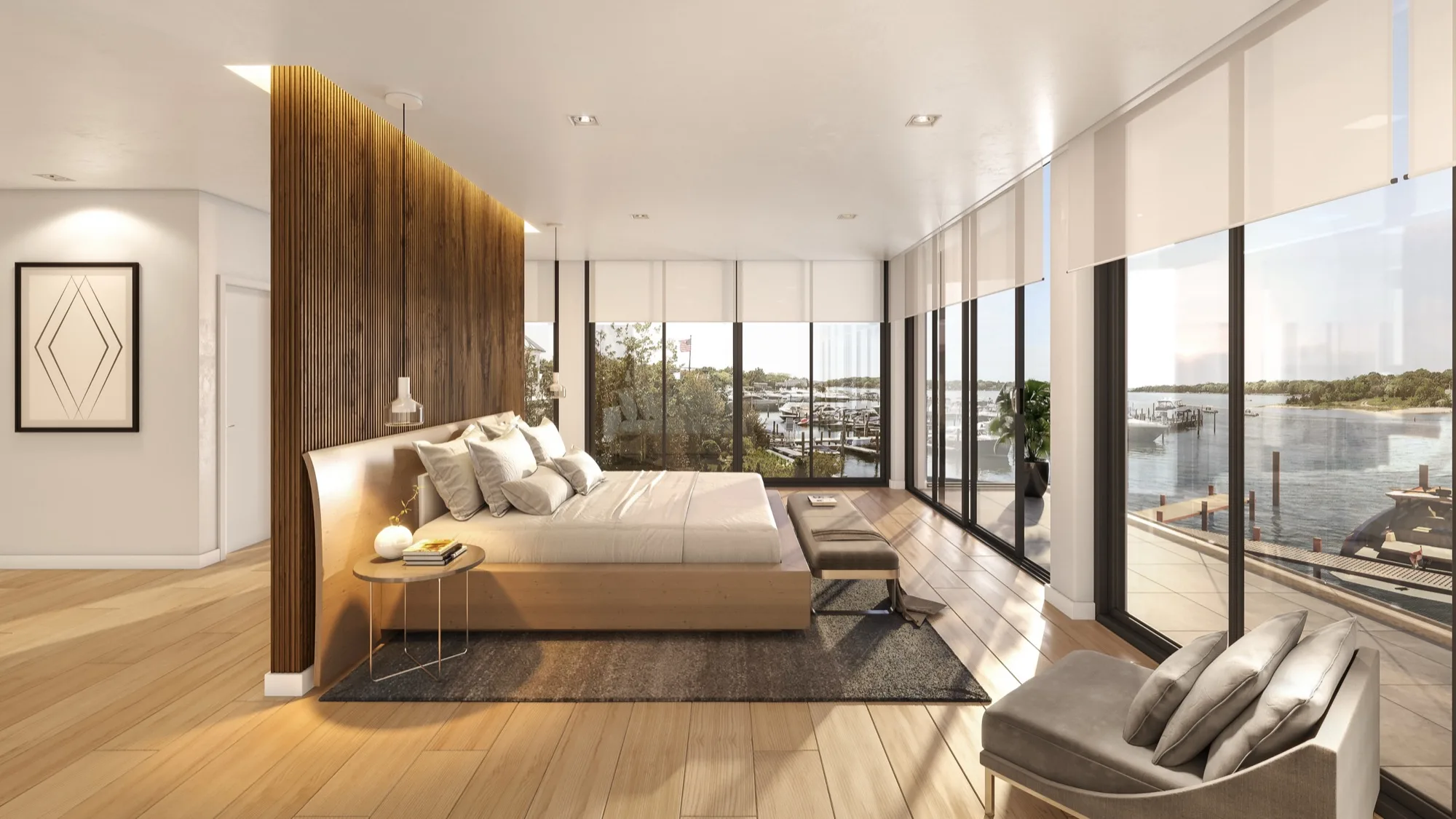 Interior 3D rendering of the main bedroom of Residence C at 2 West Water Street, with a slatted timber wall behind the bed, pale oak floors and corner glass overlooking the marina and Sag Harbor Cove.
