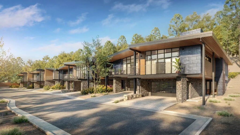 3D exterior rendering of Alpine View Estates, 6731 North Lake Blvd, Tahoe Vista