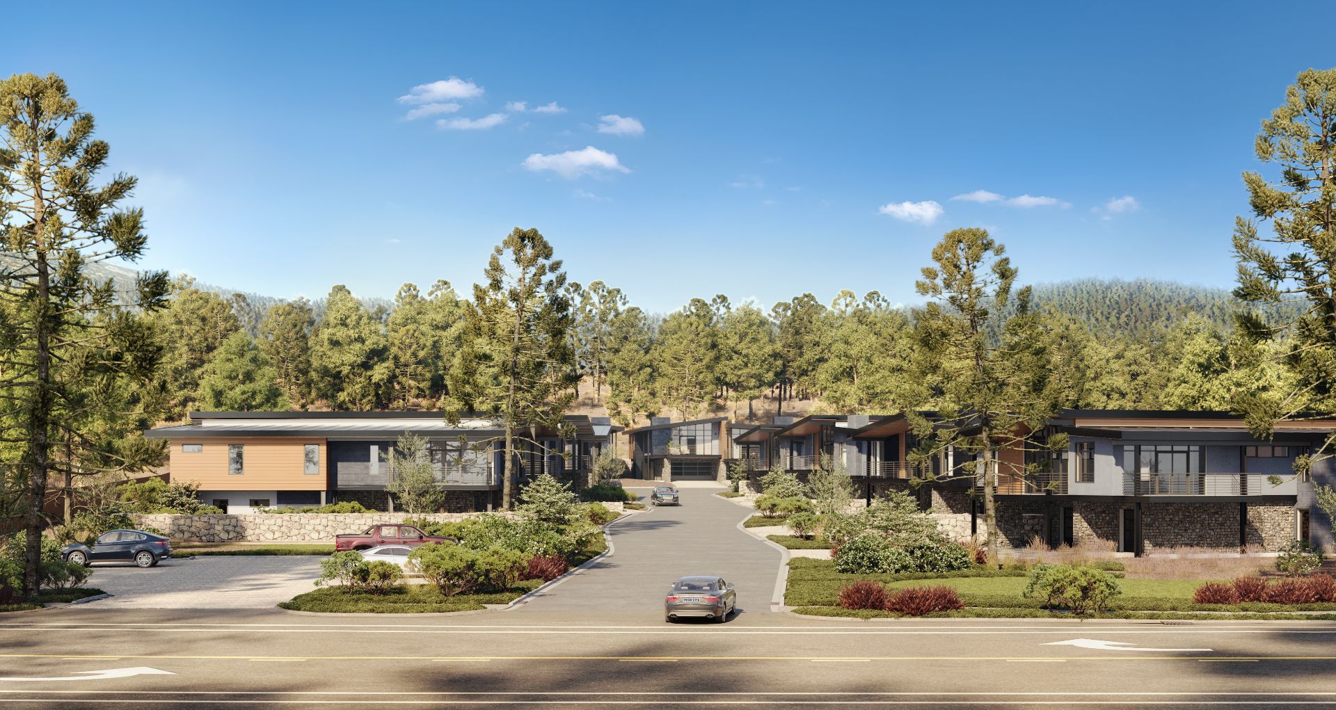 3D exterior rendering of Alpine View Estates seen from North Lake Boulevard, with modern townhomes nestled in Lake Tahoe pine forest
