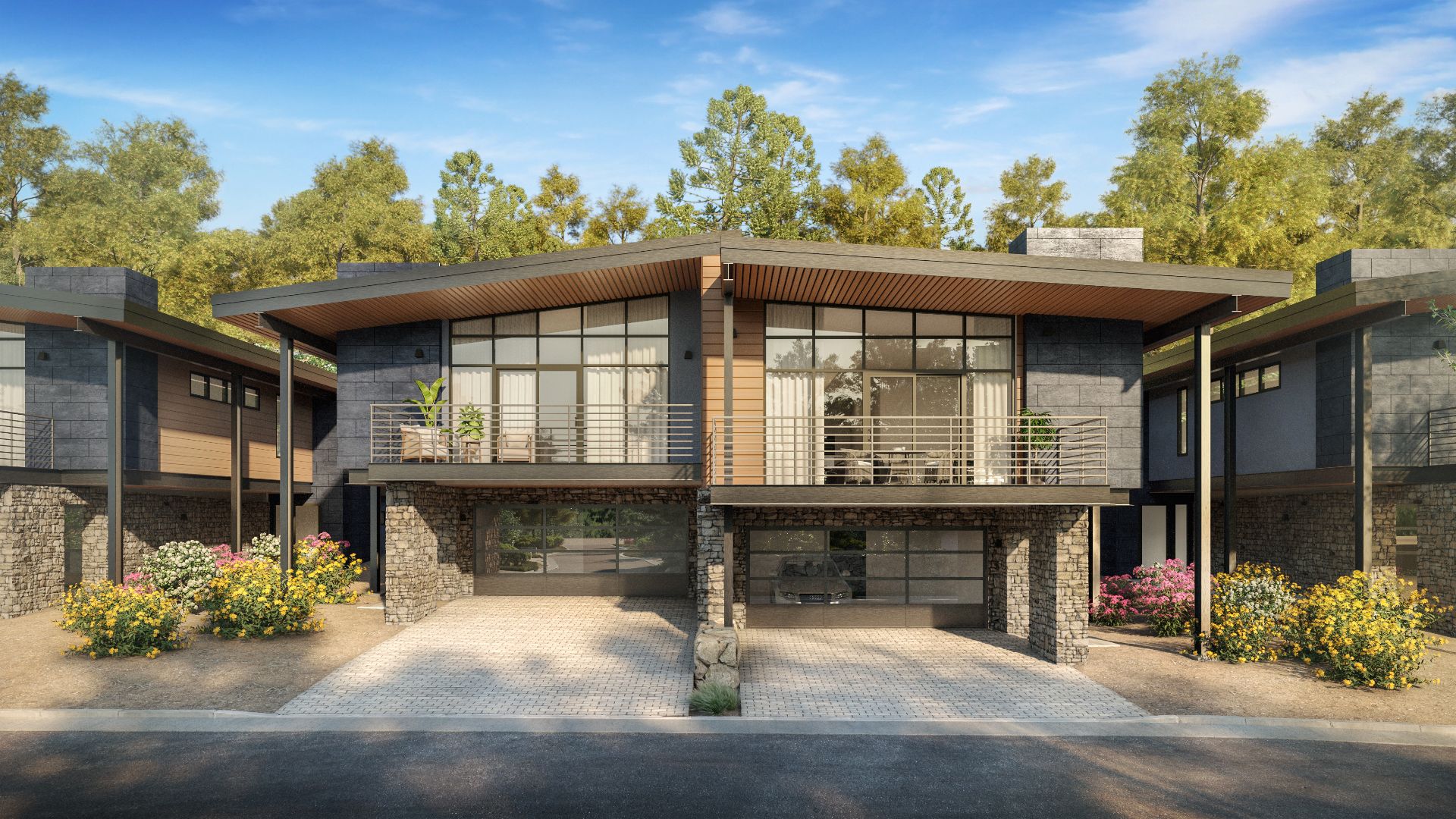 3D exterior rendering of an Alpine View Estates townhome pair in Lake Tahoe, with upper balconies, a stone base, and flowering landscaping