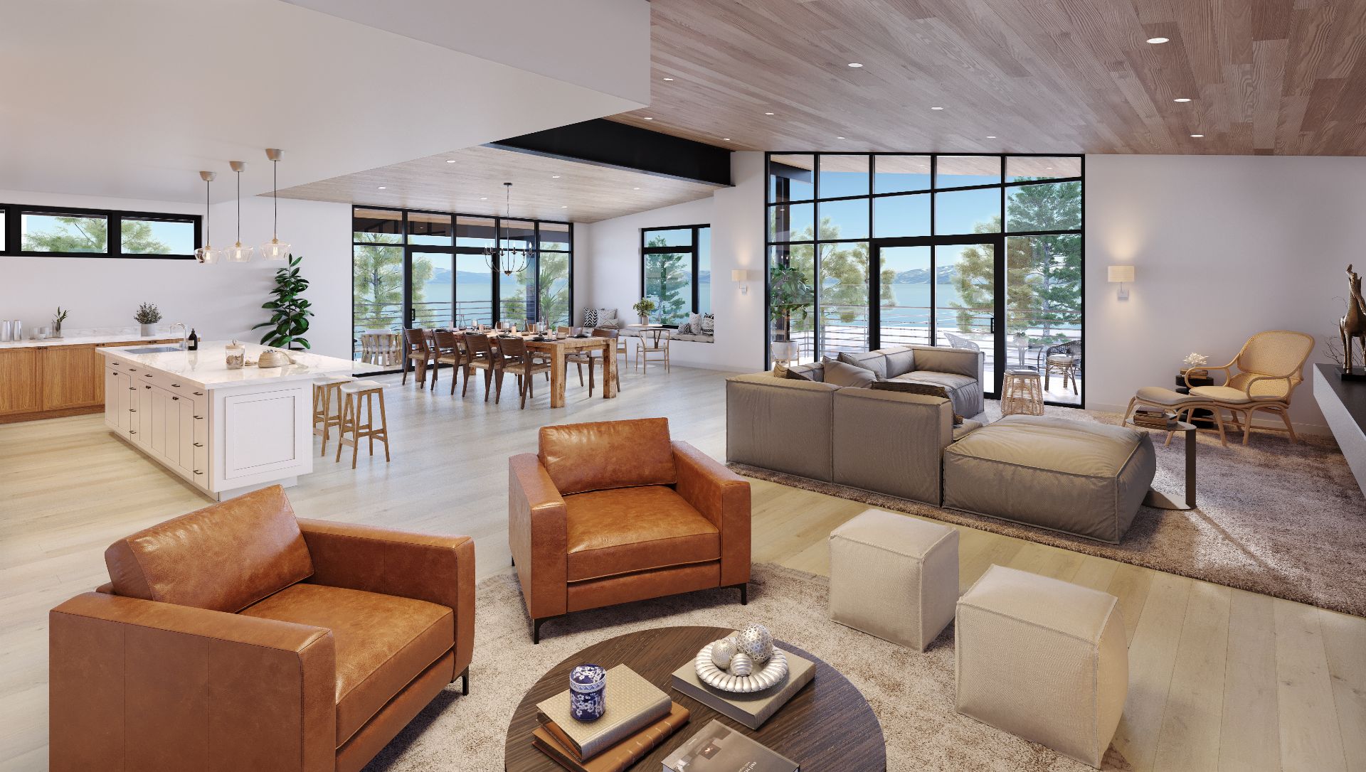 3D interior rendering of a great room at Alpine View Estates in Lake Tahoe, with leather armchairs, a sectional, and a dining area beside floor-to-ceiling windows