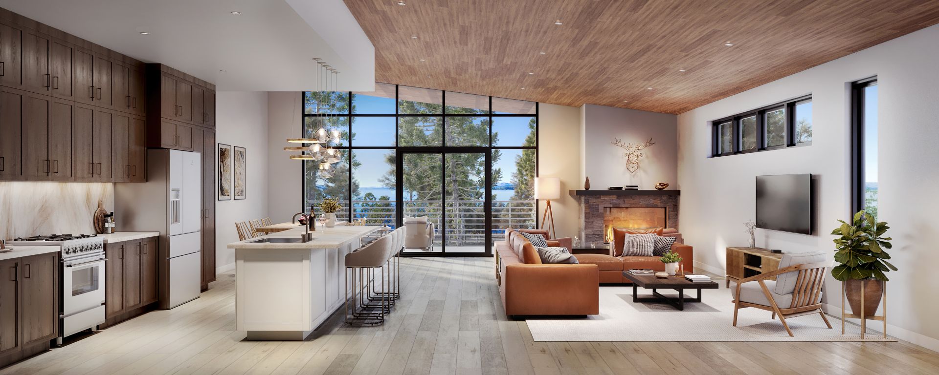 3D interior rendering of an open-plan kitchen and living area at Alpine View Estates, with a timber ceiling, fireplace, and floor-to-ceiling windows framing Lake Tahoe