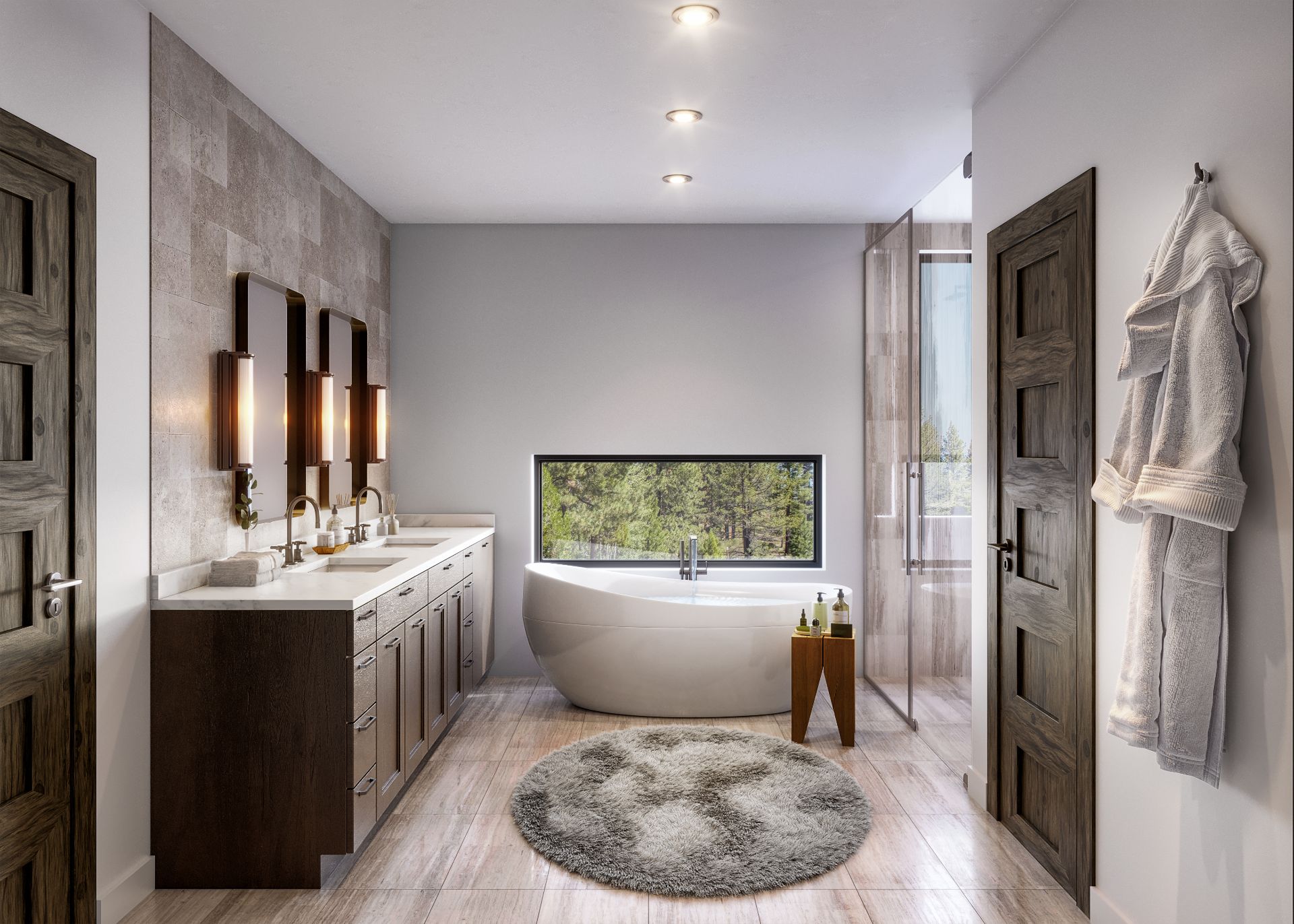 3D interior rendering of a bathroom at Alpine View Estates in Lake Tahoe, with a double vanity, freestanding tub, and a window framing pine forest
