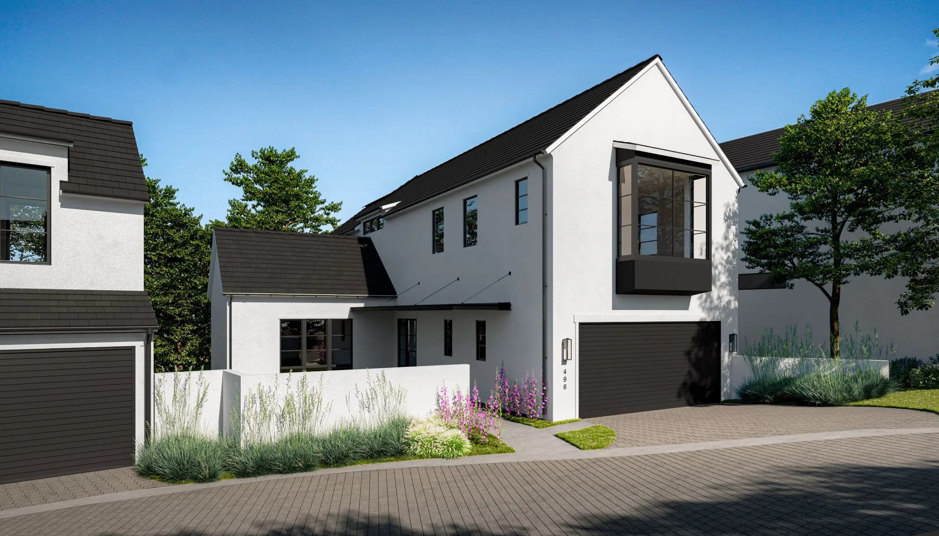 3D exterior rendering of a single-family home at Addie Westlake in Austin, Texas, with white render walls, a dark tile roof, an angled glazed bay, and a tucked garage.
