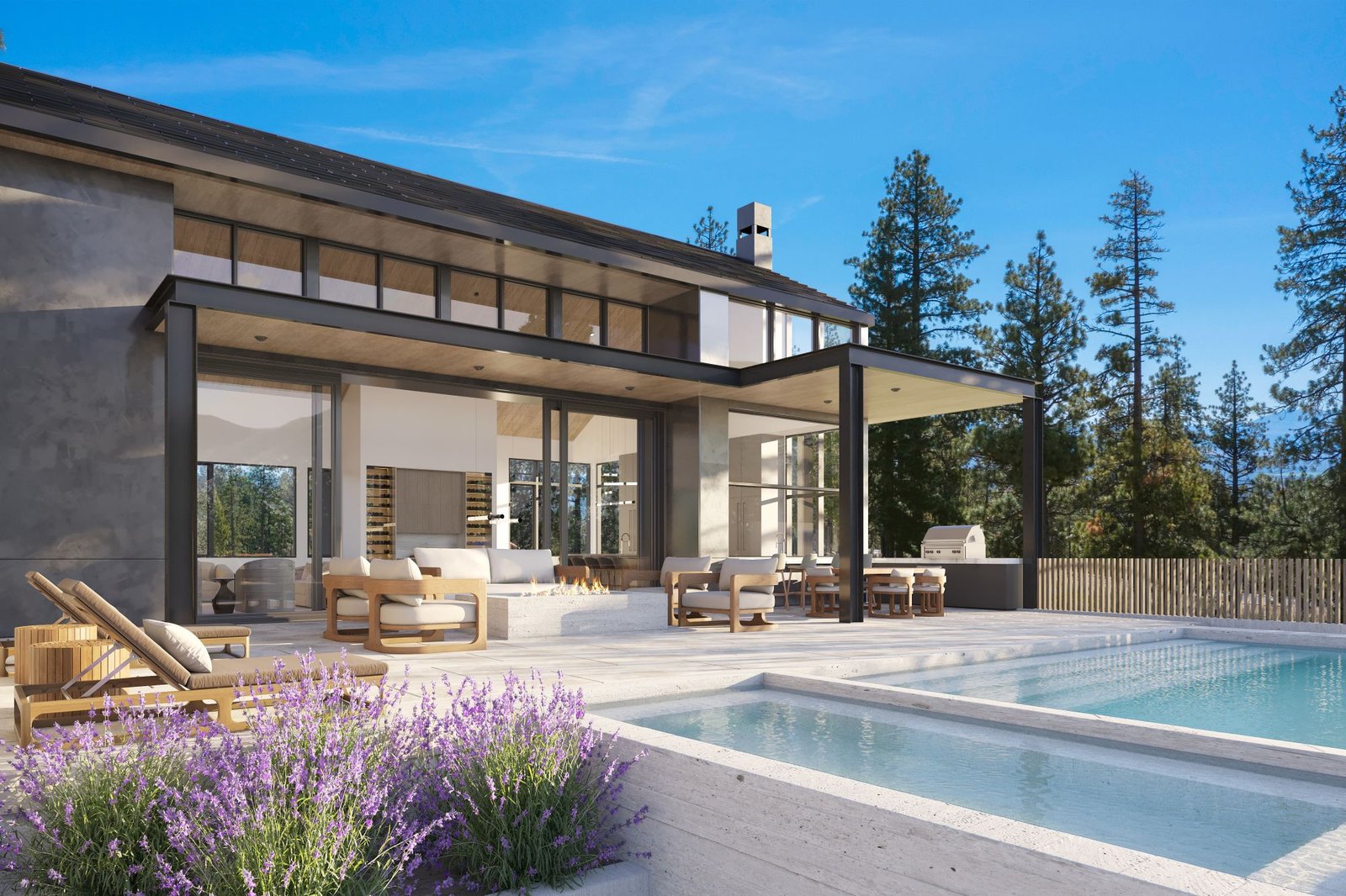 3D exterior rendering of the Clear Creek Tahoe pool terrace and covered outdoor room, with an outdoor kitchen, fire feature, and lavender planting in the foreground.