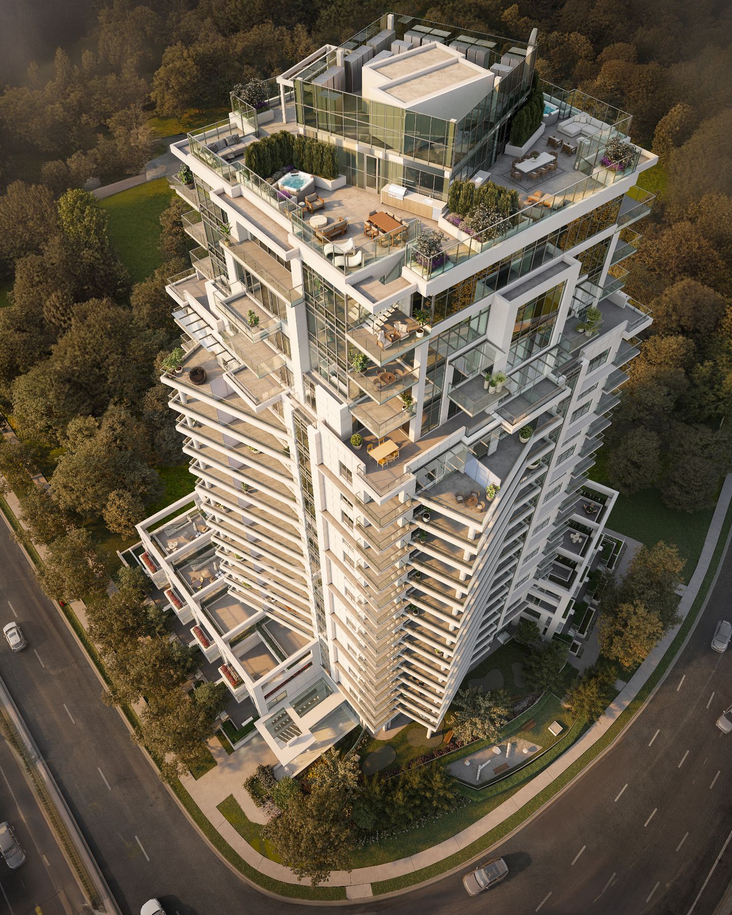 Aerial 3D rendering of the Vivere by Solterra tower from above, showing the rooftop terrace and plunge pool, balconies stepping down the facade, and the tree-lined streets surrounding the site.