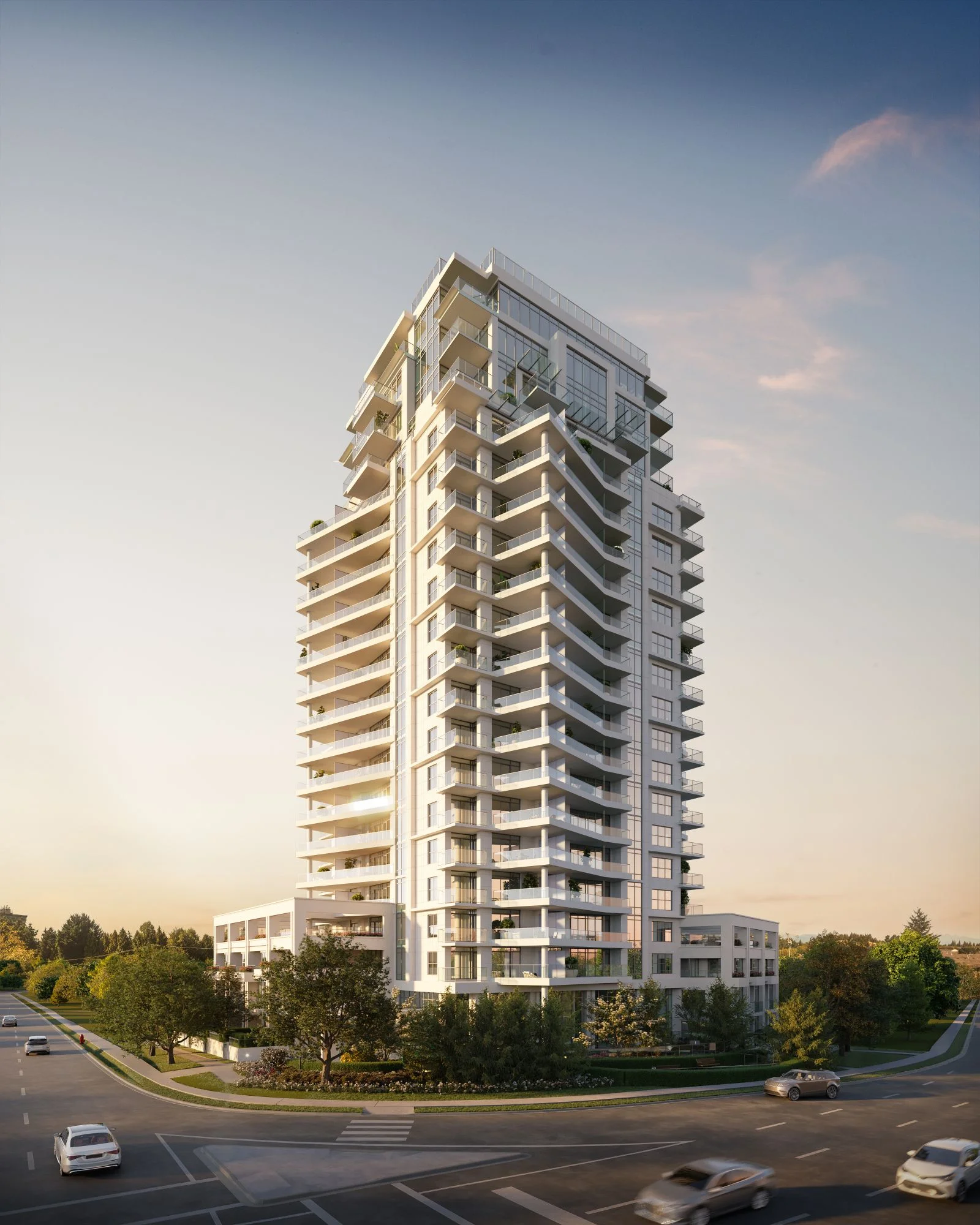 3D exterior rendering of the Vivere by Solterra high-rise condominium tower in Surrey, Metro Vancouver, shown from the street corner at dusk, with a tiered white balconied facade rising above a landscaped two-story podium.