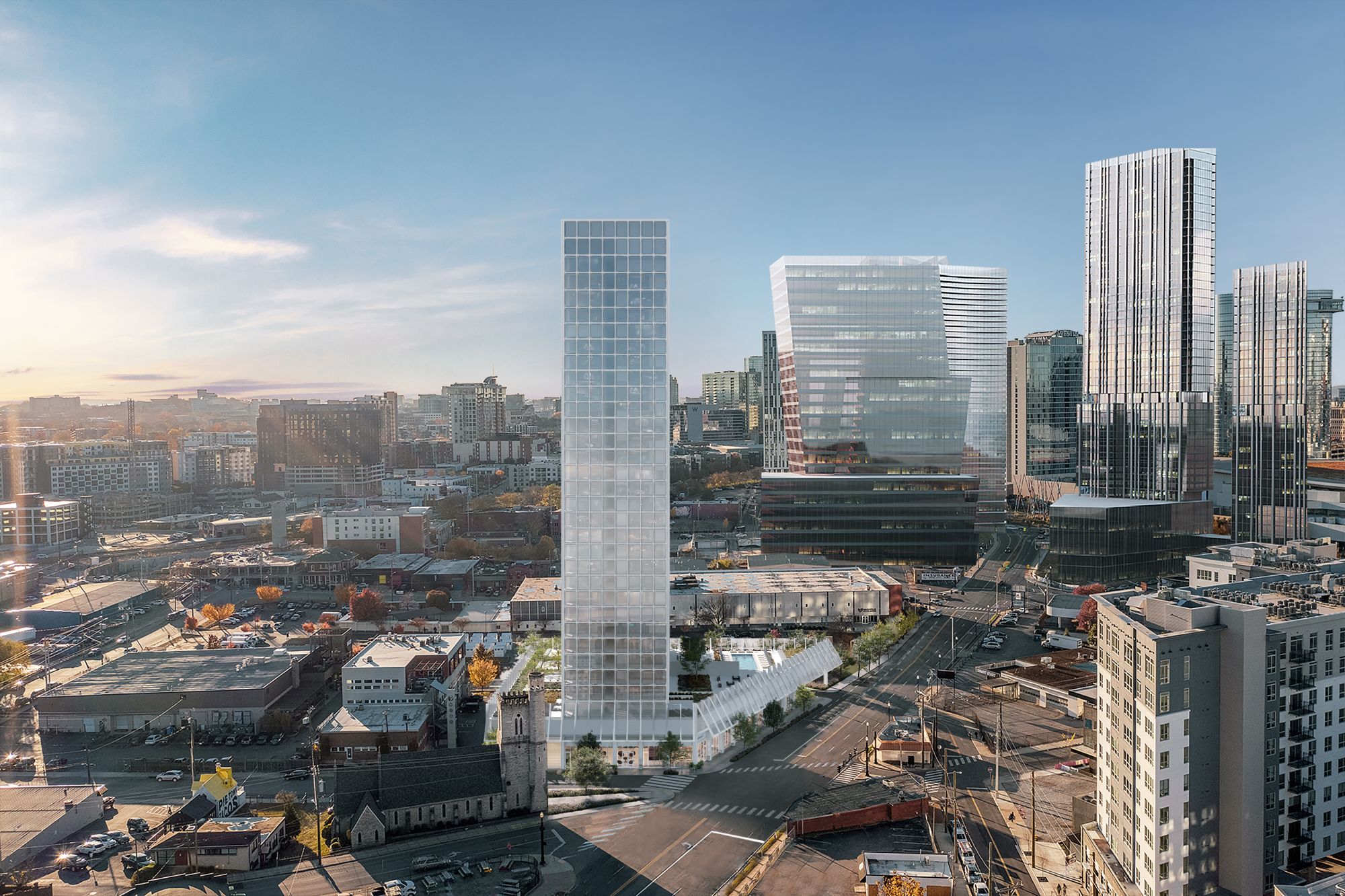 Aerial 3D rendering of a pale gridded VeLa tower at sunset, shown in its downtown context with neighboring towers and active construction sites.