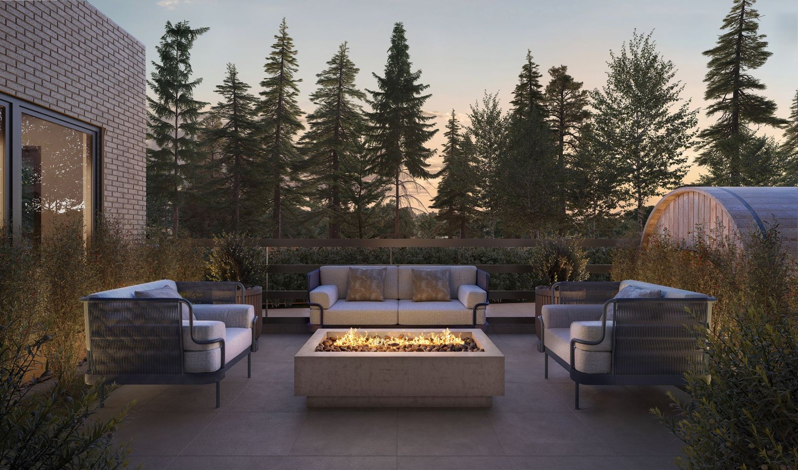3D rendering of the Muse clubhouse outdoor lounge at dusk, with a fire table, woven armchairs, a sofa, and a cedar barrel sauna among evergreens.