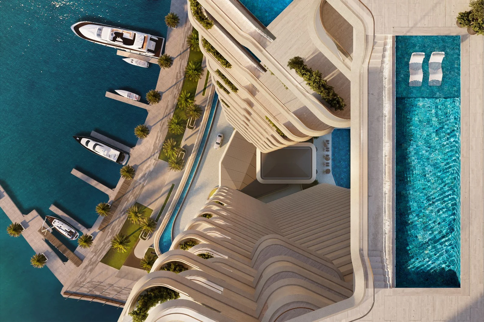 Aerial 3D rendering for pre-sales of the Sankari Place luxury condominium in Dubai, showcasing waterfront terraces, rooftop pool, marina access, and contemporary residential architecture.